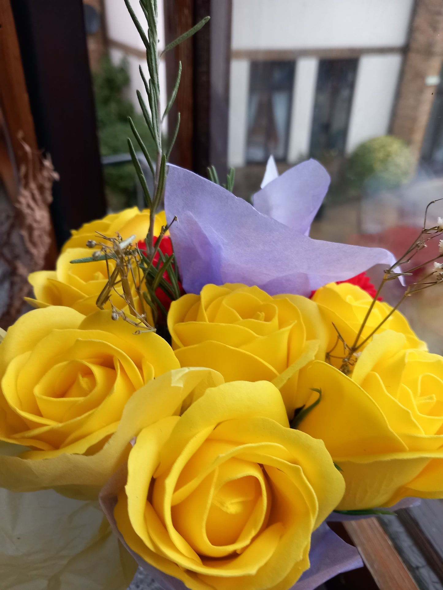 YELLOW RED FLOWER SOAP MIX IN GLASSWARE