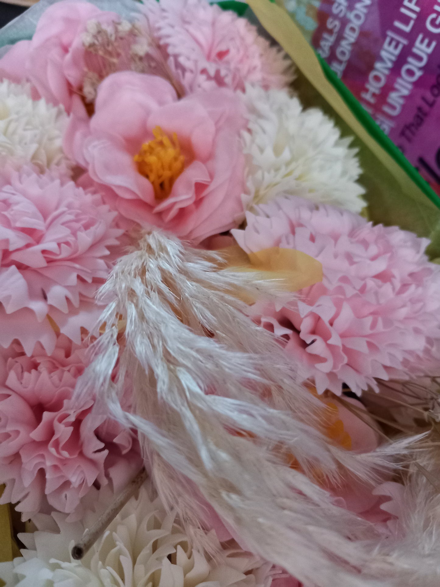 PINK CAMELIA WITH PINK/WHITE CARNATIONS AND WHITE ORCHIDS COLOUR FLOWER SOAP MIXED IN GIFTBOX