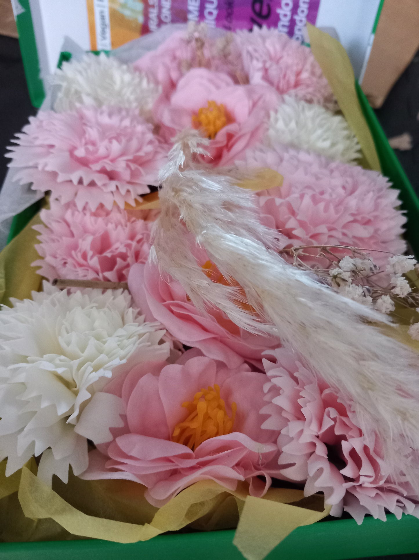 PINK CAMELIA WITH PINK/WHITE CARNATIONS AND WHITE ORCHIDS COLOUR FLOWER SOAP MIXED IN GIFTBOX