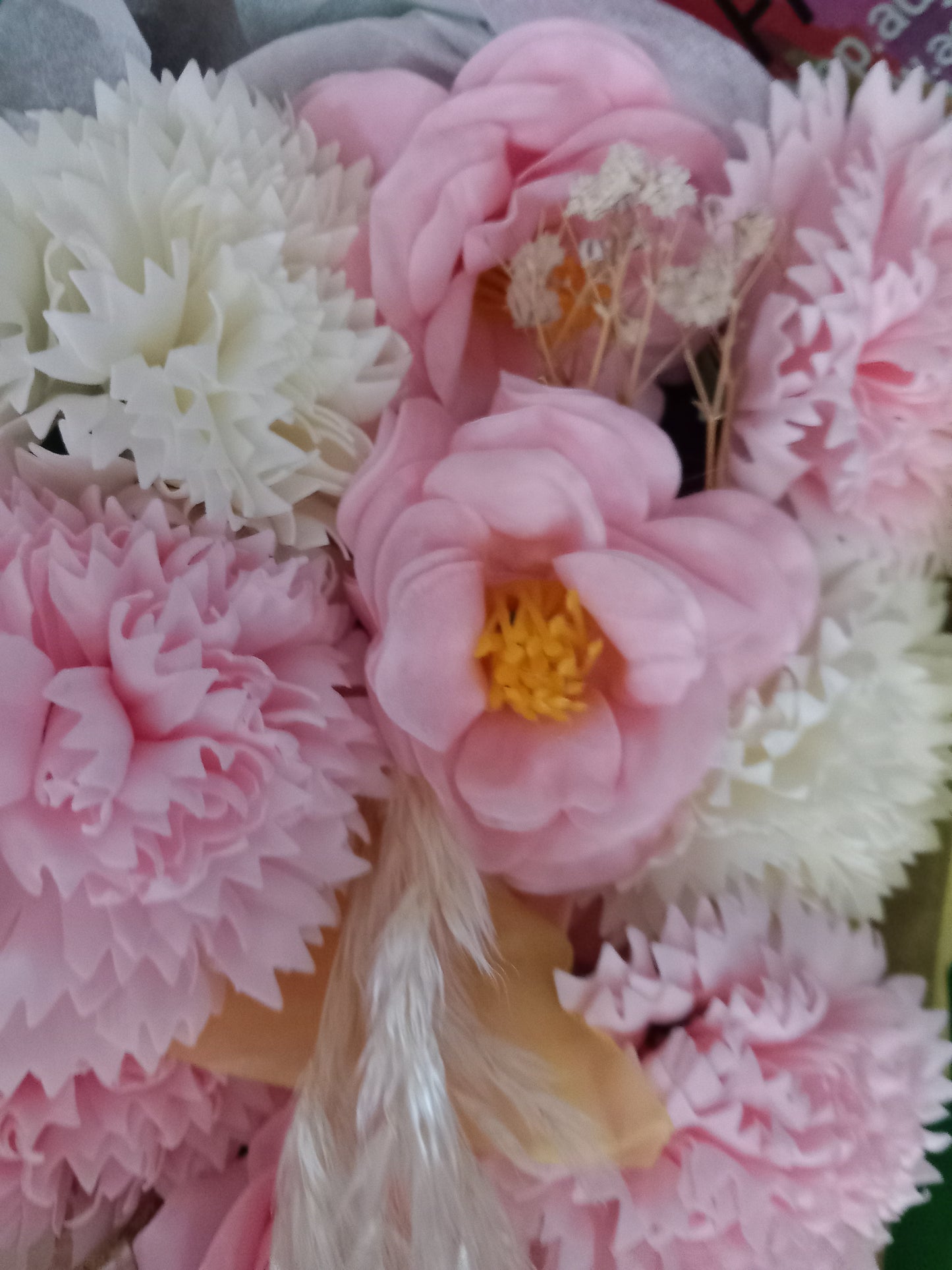PINK CAMELIA WITH PINK/WHITE CARNATIONS AND WHITE ORCHIDS COLOUR FLOWER SOAP MIXED IN GIFTBOX