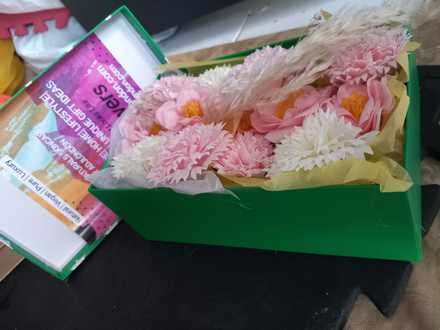 PINK CAMELIA WITH PINK/WHITE CARNATIONS AND WHITE ORCHIDS COLOUR FLOWER SOAP MIXED IN GIFTBOX