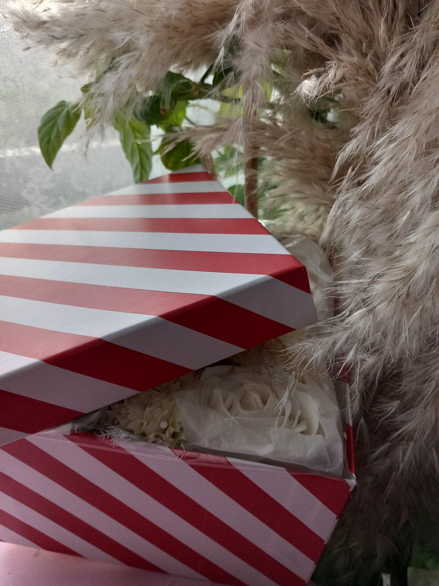 ALL OFF-WHITE LARGE ROSE HEADS CARNATIONS FLOWER SOAP IN CANDY CANE COLOUR DISPLAY BOX