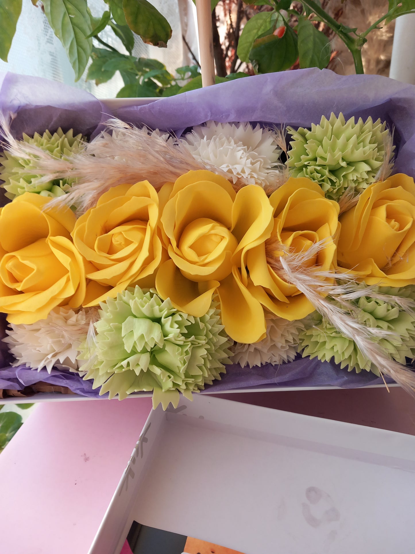 YELLOW ROSE HEADS CARNATION FLOWER SOAP IN WHITE DISPLAY BOX