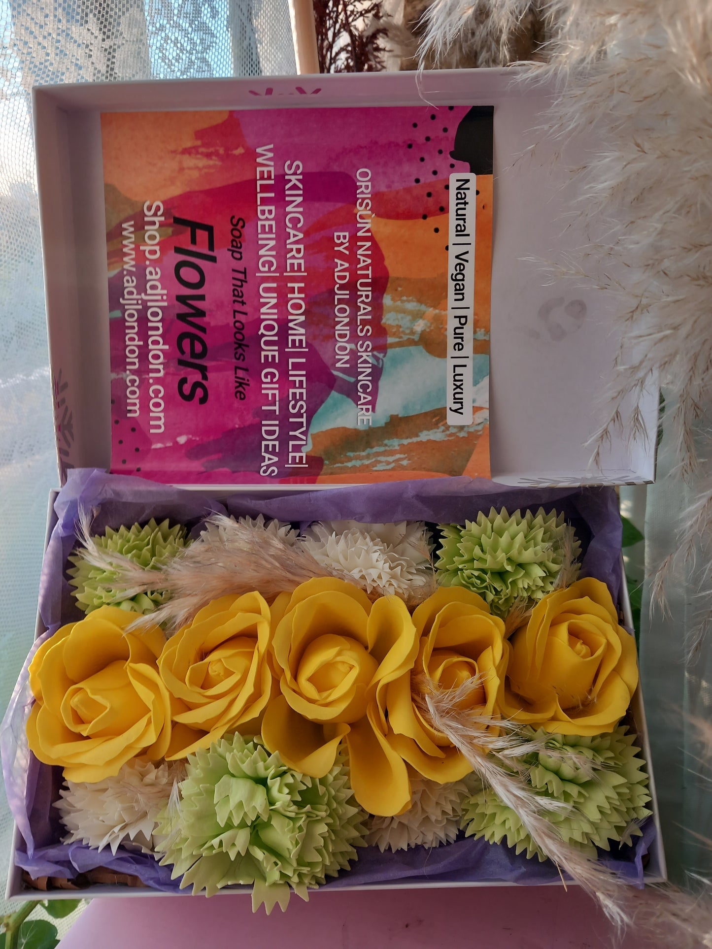 YELLOW ROSE HEADS CARNATION FLOWER SOAP IN WHITE DISPLAY BOX
