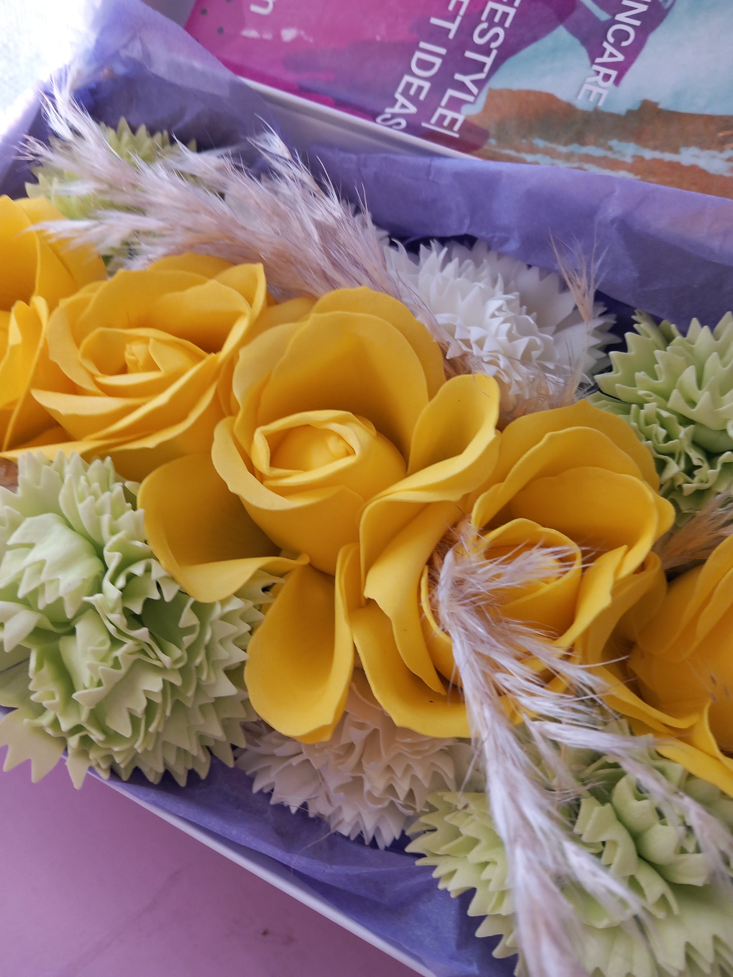 YELLOW ROSE HEADS CARNATION FLOWER SOAP IN WHITE DISPLAY BOX