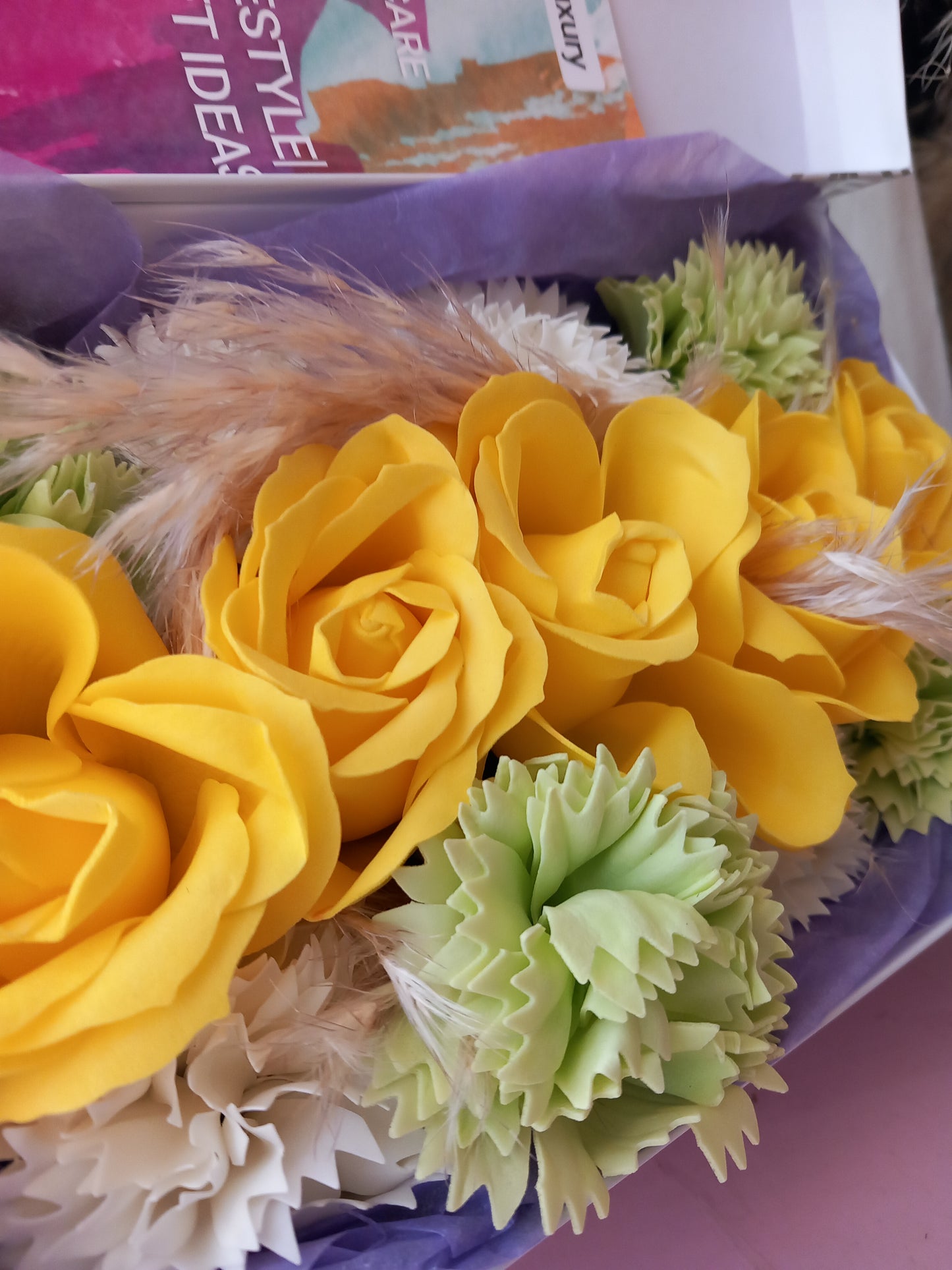 YELLOW ROSE HEADS CARNATION FLOWER SOAP IN WHITE DISPLAY BOX