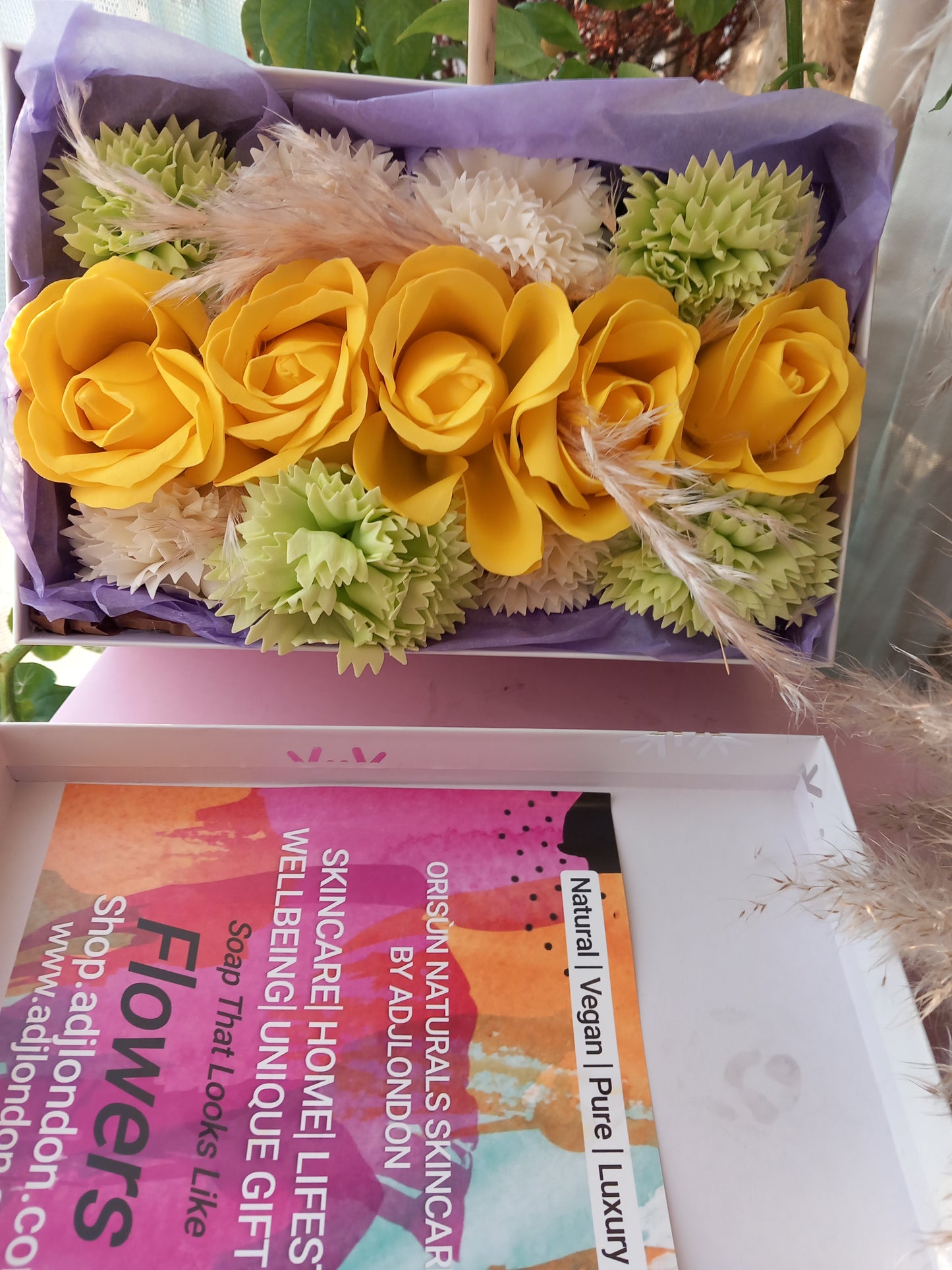 YELLOW ROSE HEADS CARNATION FLOWER SOAP IN WHITE DISPLAY BOX