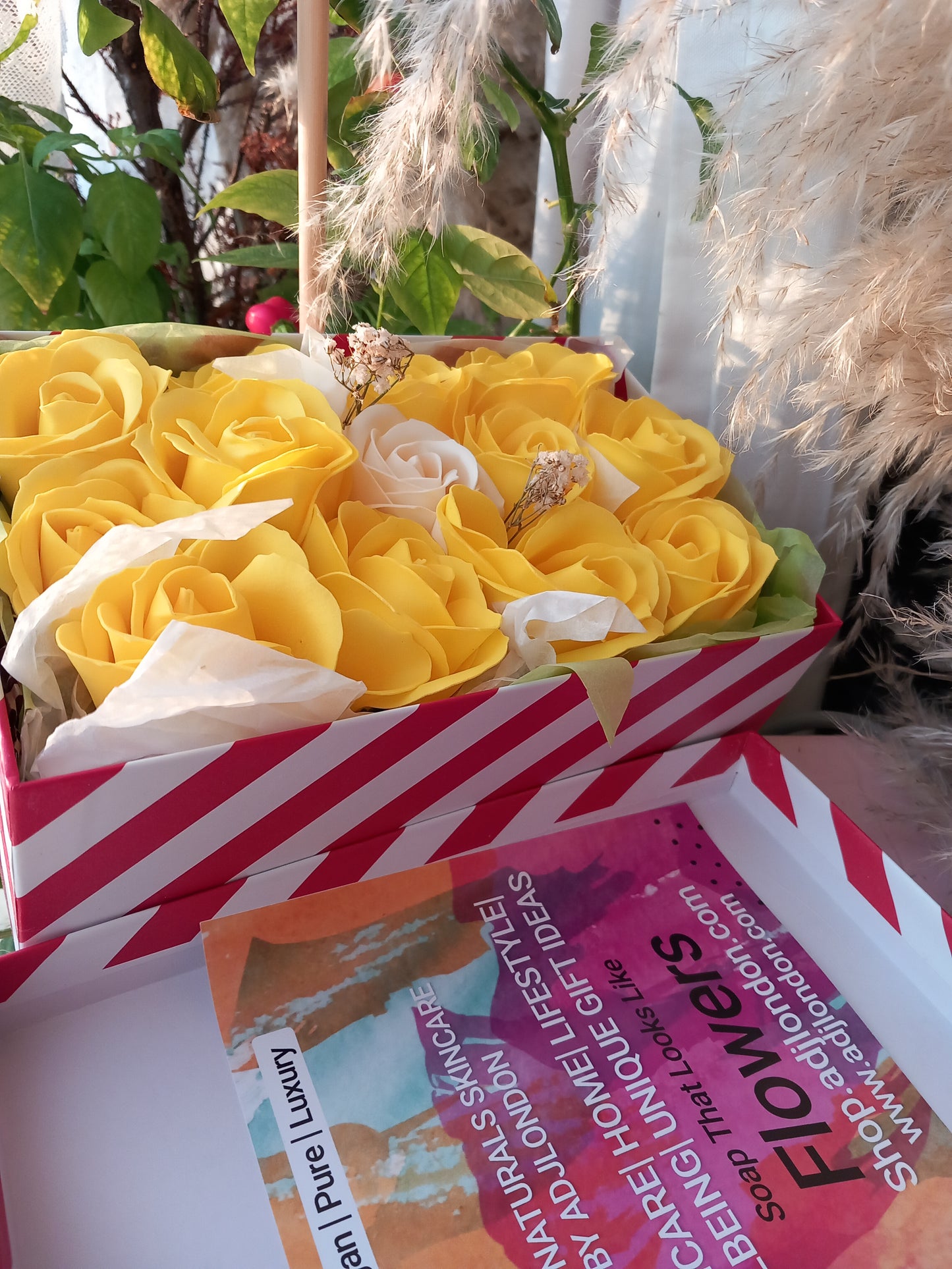 YAAA YELLOW CREAM ROSE HEADS FLOWER SOAP IN CANDY CANE DISPLAY BOX
