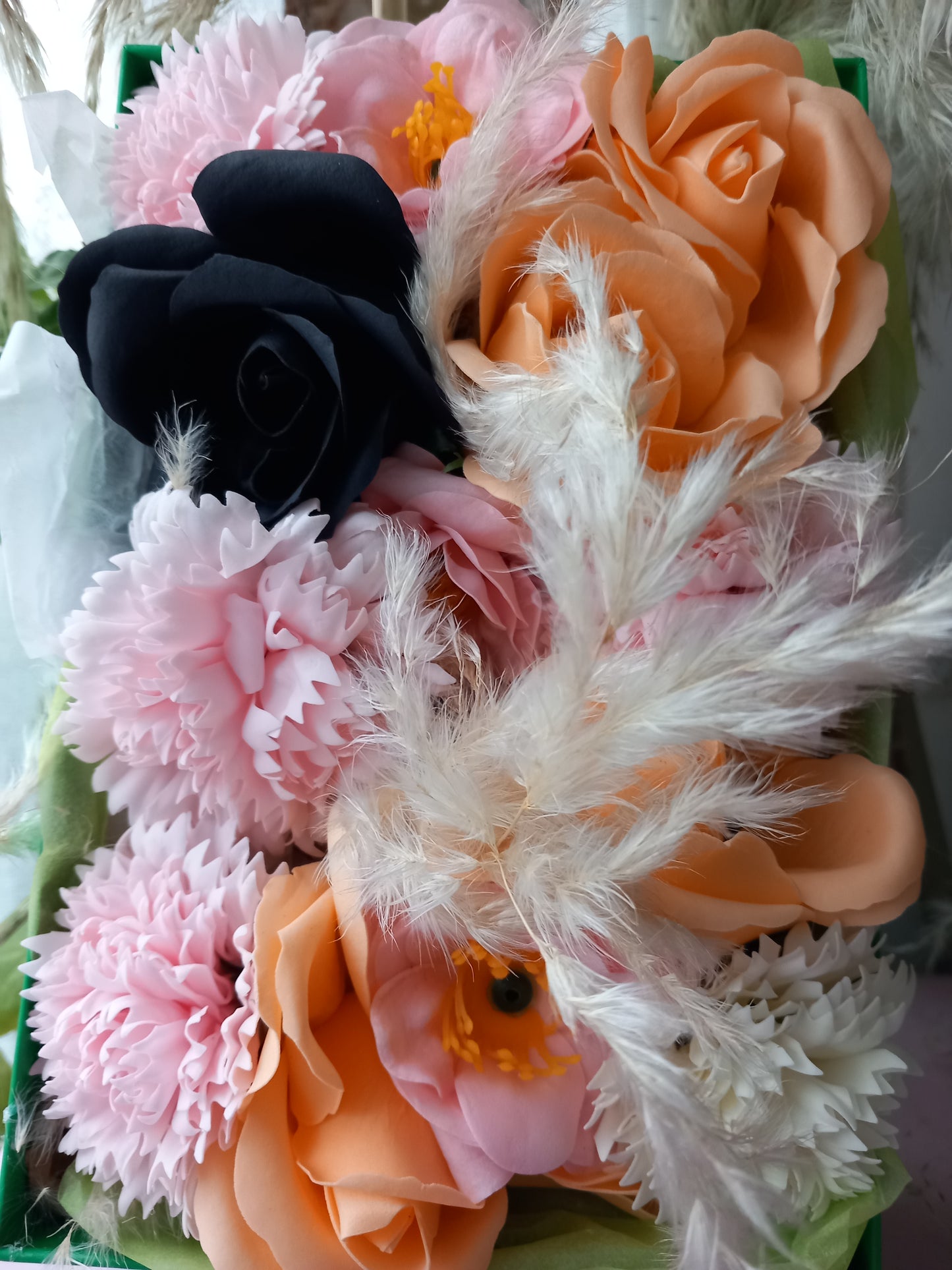 PEACH BLACK PINK FLOWER SOAP IN GREEN DISPLAY BOX
