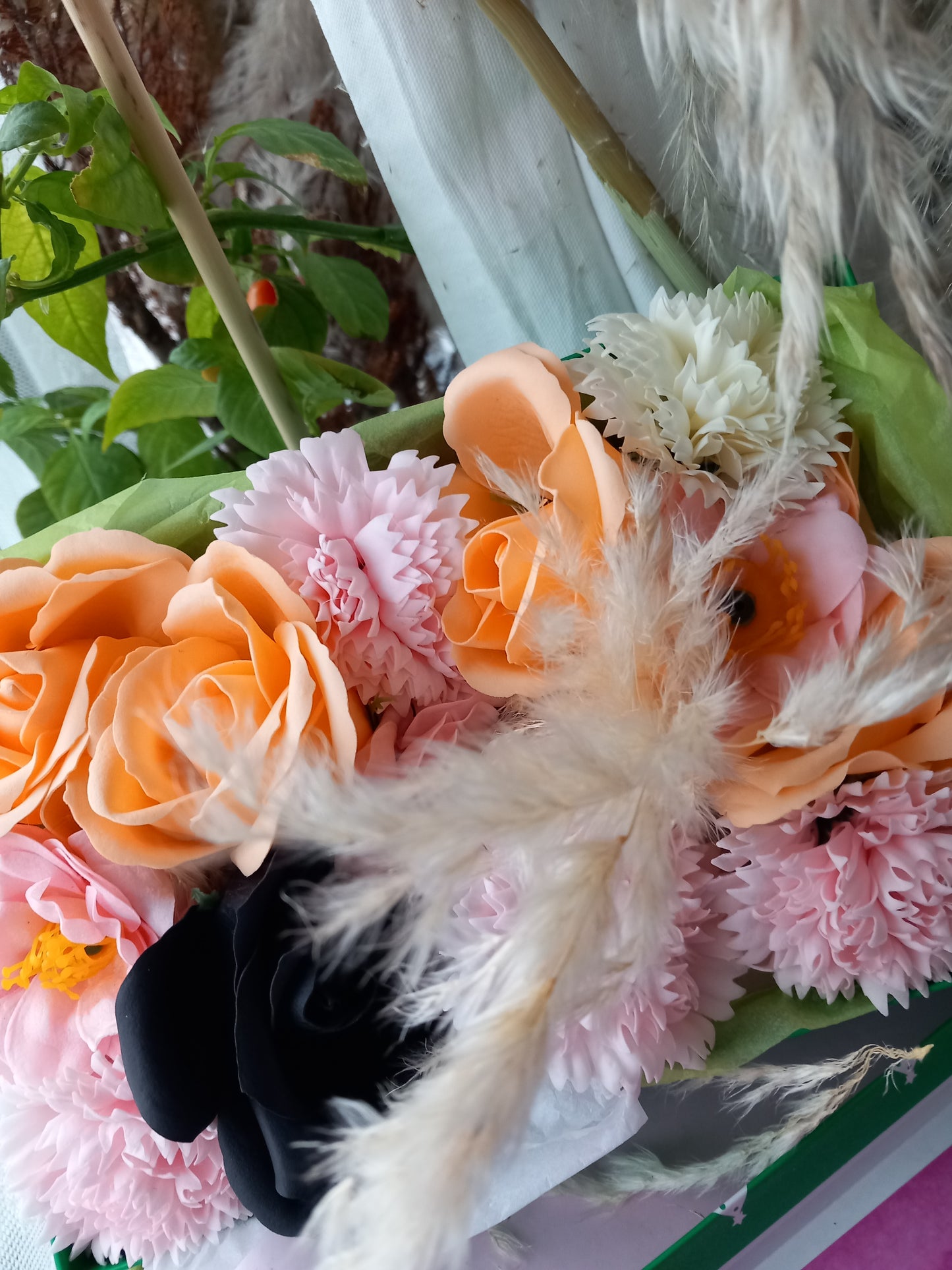 PEACH BLACK PINK FLOWER SOAP IN GREEN DISPLAY BOX