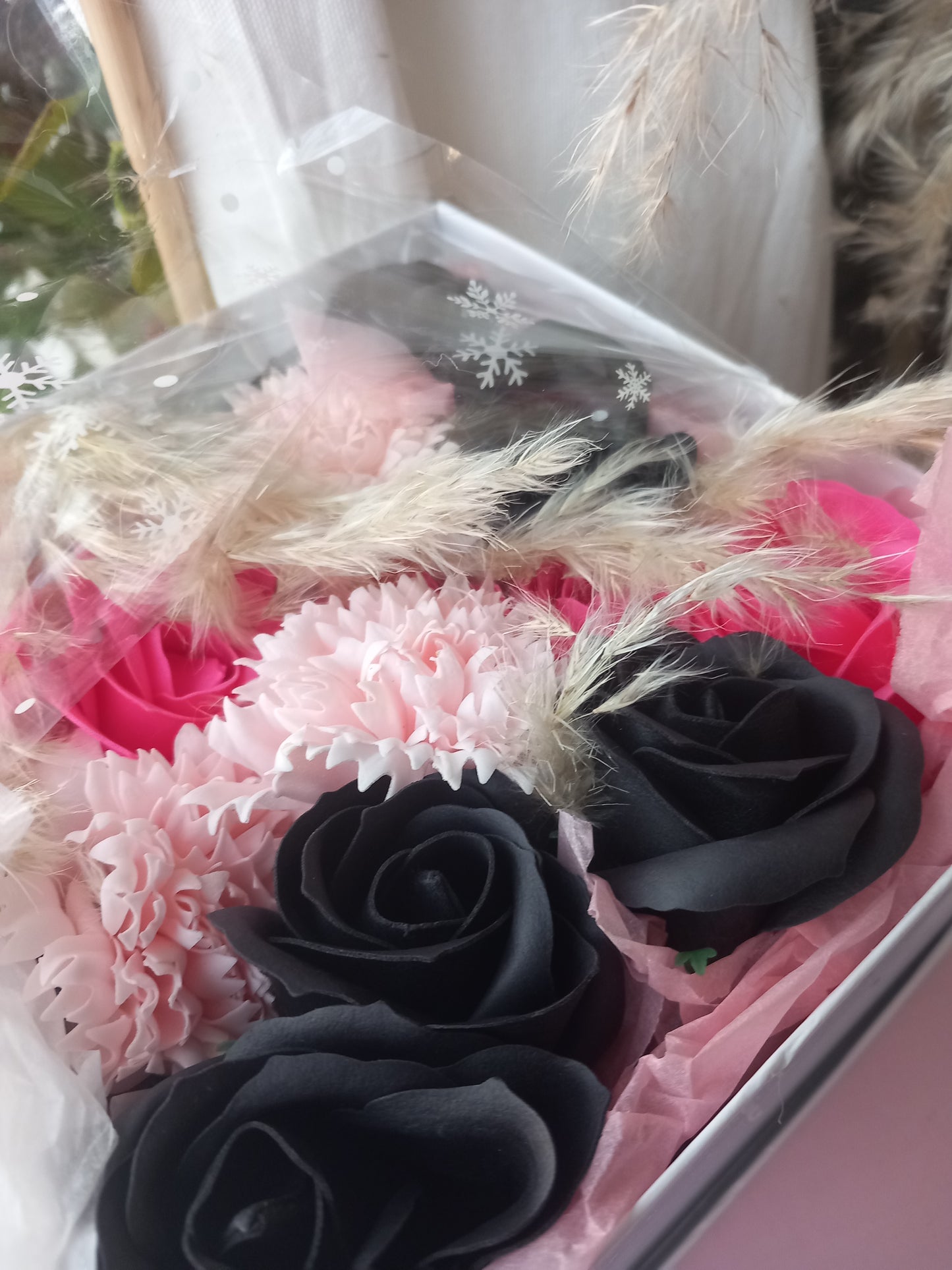 BLACK PINK SHADE MIX FLOWER SOAP IN WHITE DISPLAY BOX