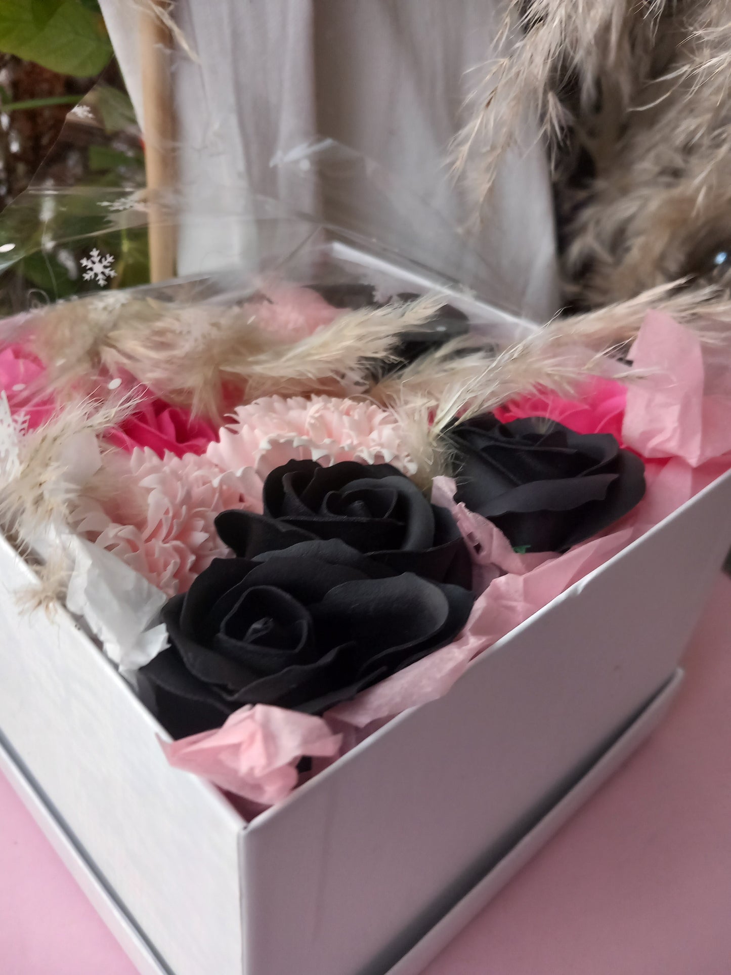 BLACK PINK SHADE MIX FLOWER SOAP IN WHITE DISPLAY BOX