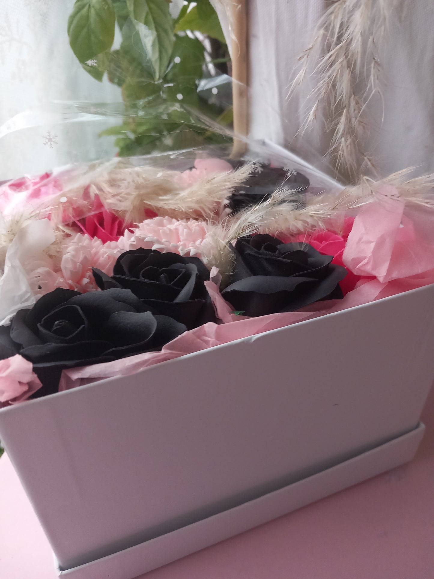 BLACK PINK SHADE MIX FLOWER SOAP IN WHITE DISPLAY BOX