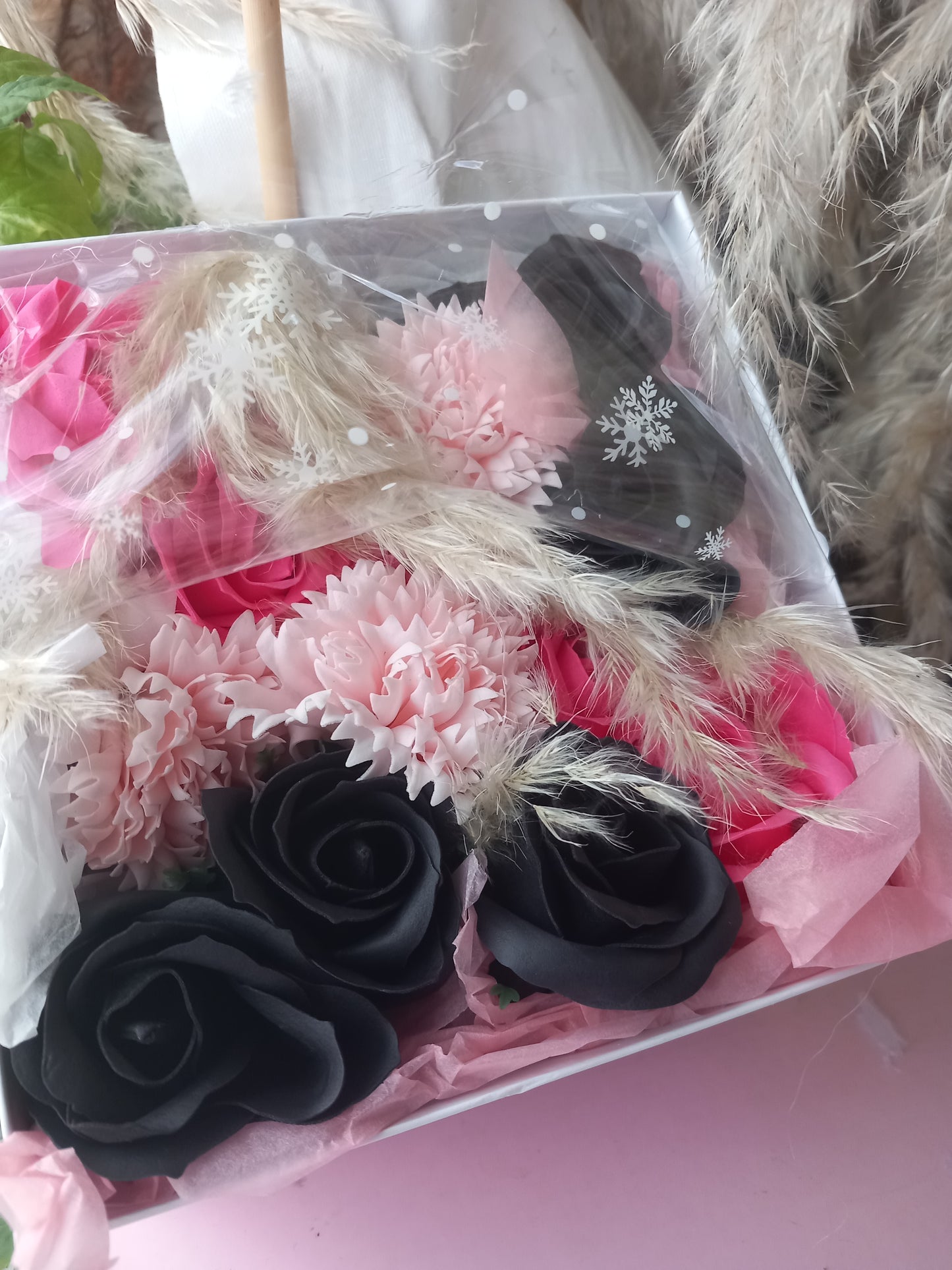 BLACK PINK SHADE MIX FLOWER SOAP IN WHITE DISPLAY BOX