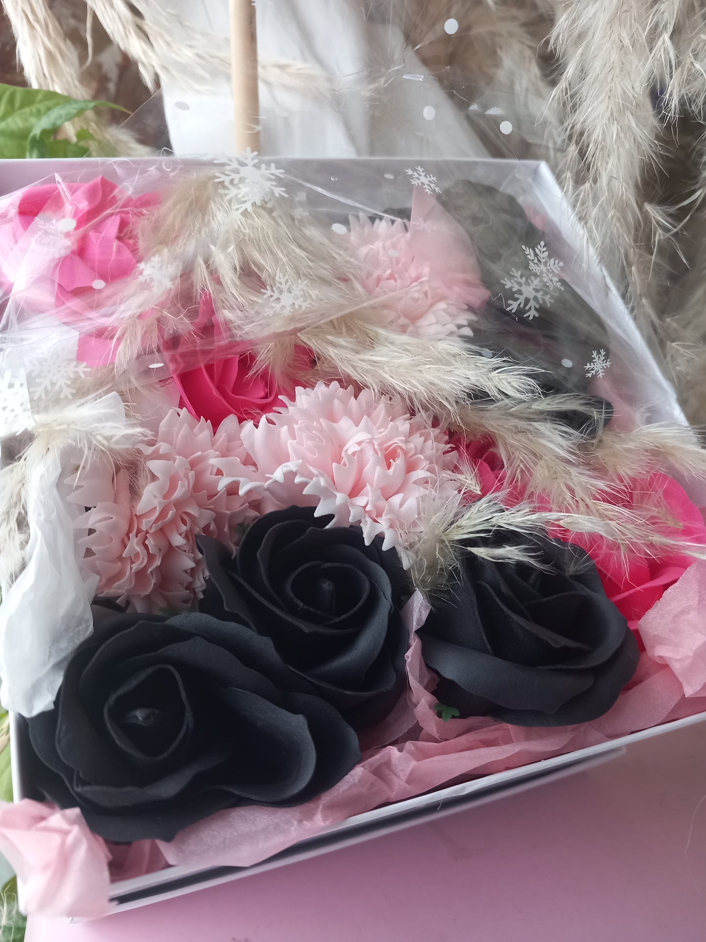 BLACK PINK SHADE MIX FLOWER SOAP IN WHITE DISPLAY BOX