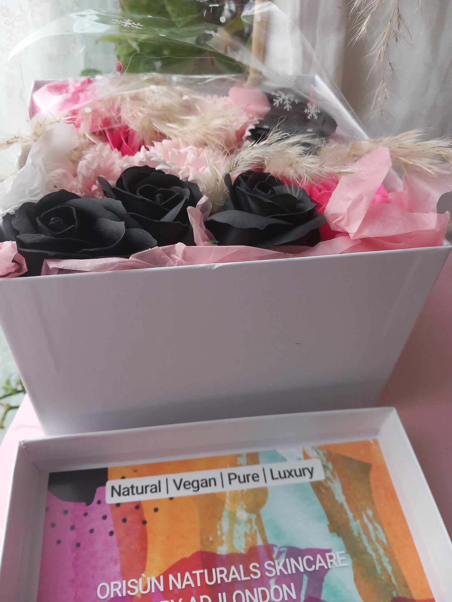 BLACK PINK SHADE MIX FLOWER SOAP IN WHITE DISPLAY BOX