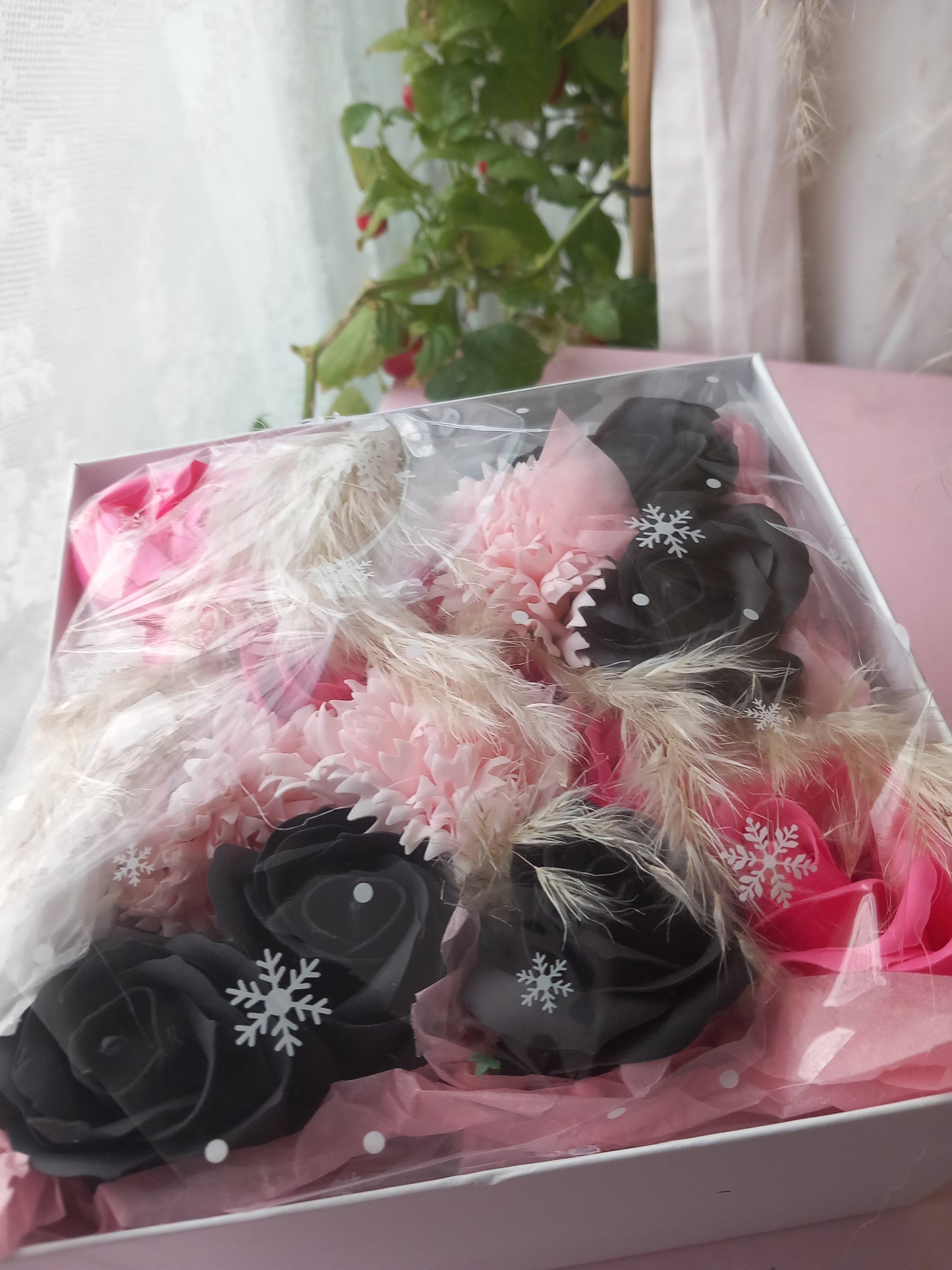 BLACK PINK SHADE MIX FLOWER SOAP IN WHITE DISPLAY BOX