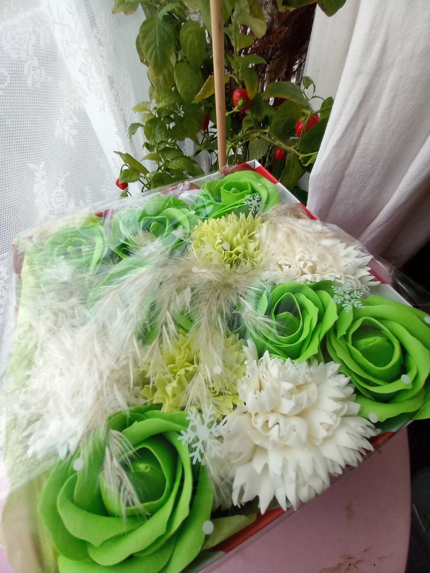 GREEN ON GREEN AND WHITE FLOWER SOAP IN CANDY CANE DISPLAY BOX