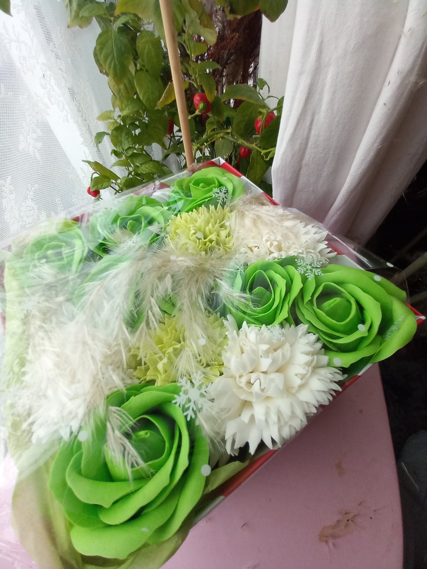 GREEN ON GREEN AND WHITE FLOWER SOAP IN CANDY CANE DISPLAY BOX