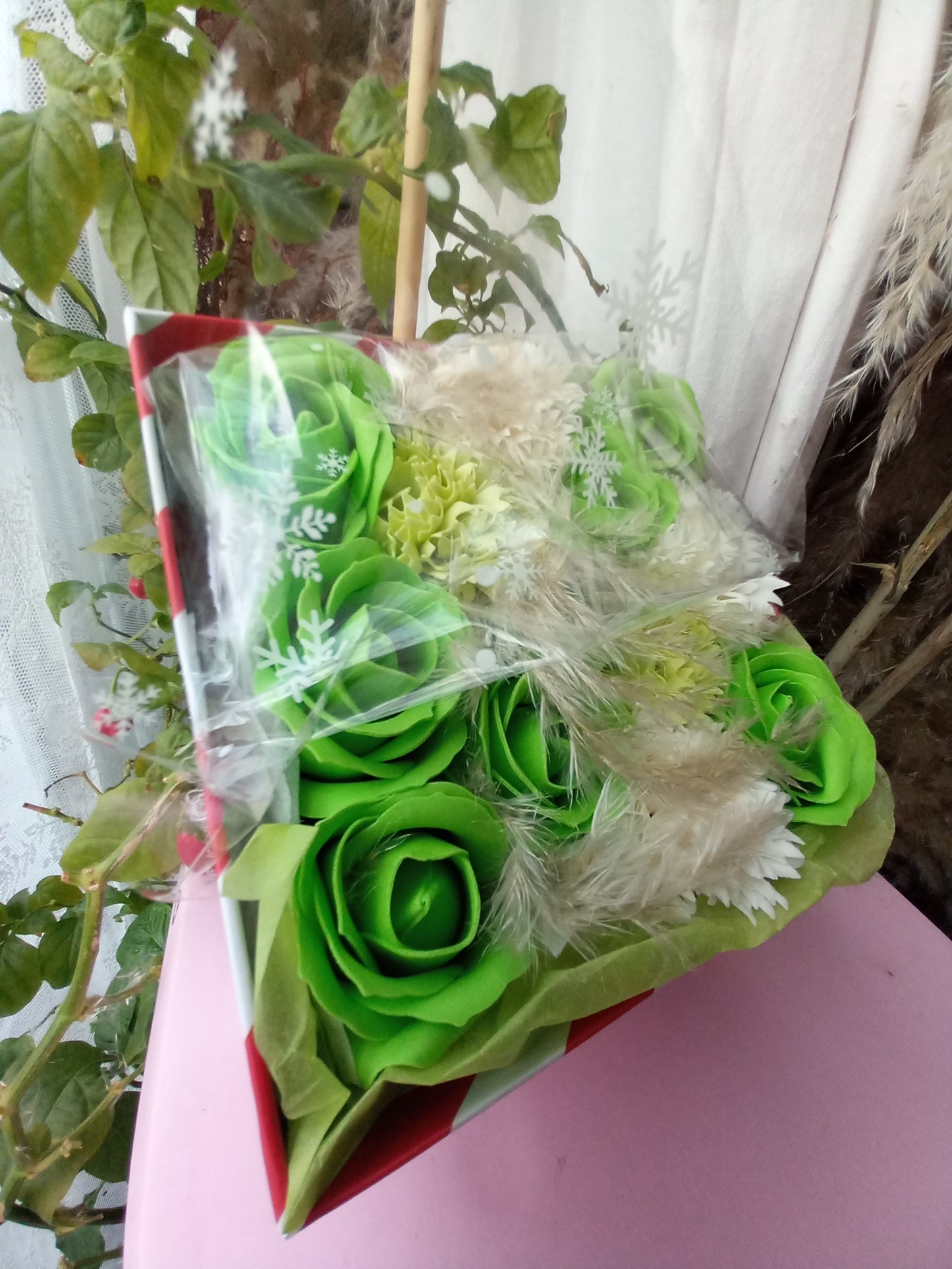 GREEN ON GREEN AND WHITE FLOWER SOAP IN CANDY CANE DISPLAY BOX