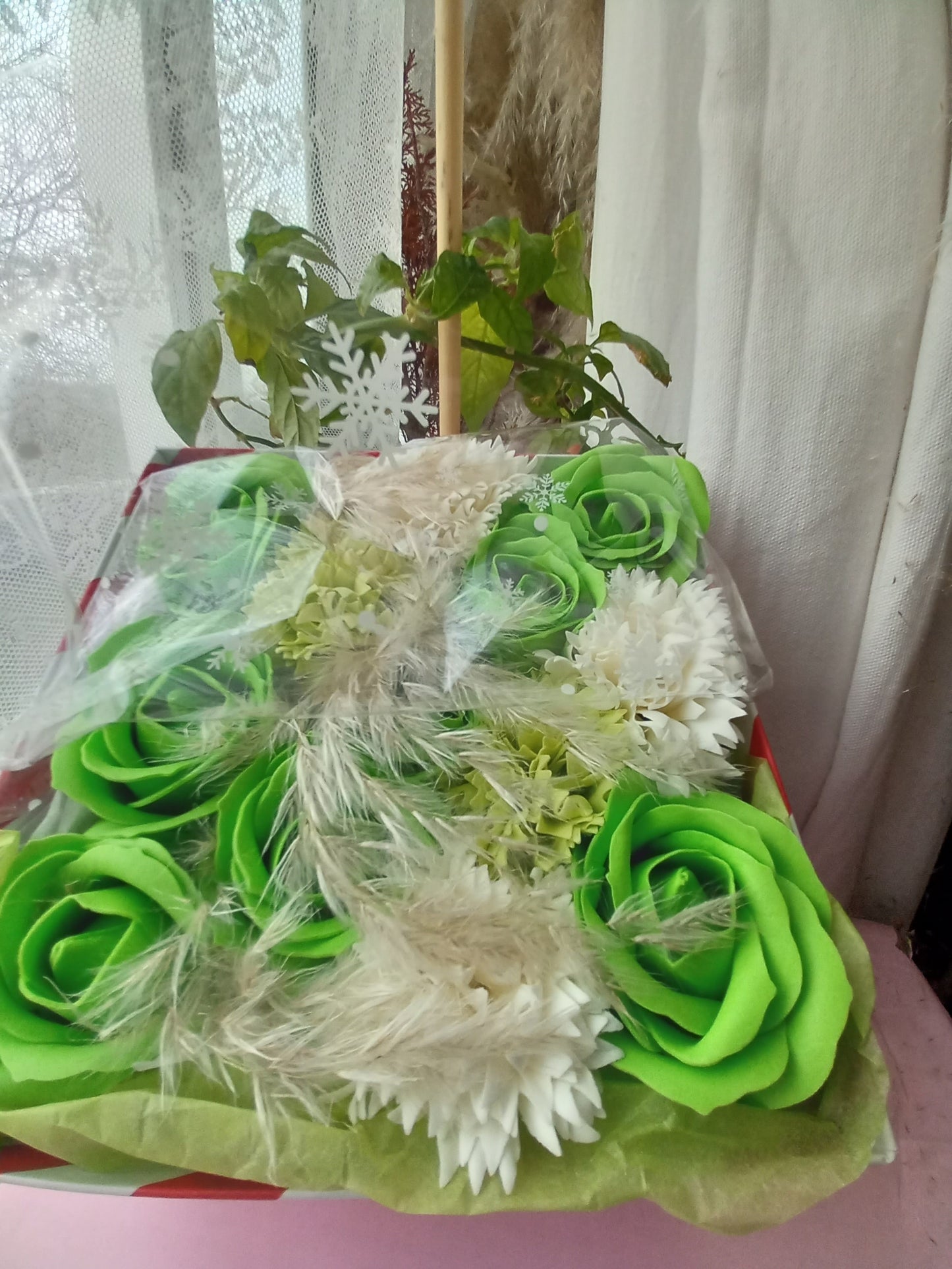 GREEN ON GREEN AND WHITE FLOWER SOAP IN CANDY CANE DISPLAY BOX