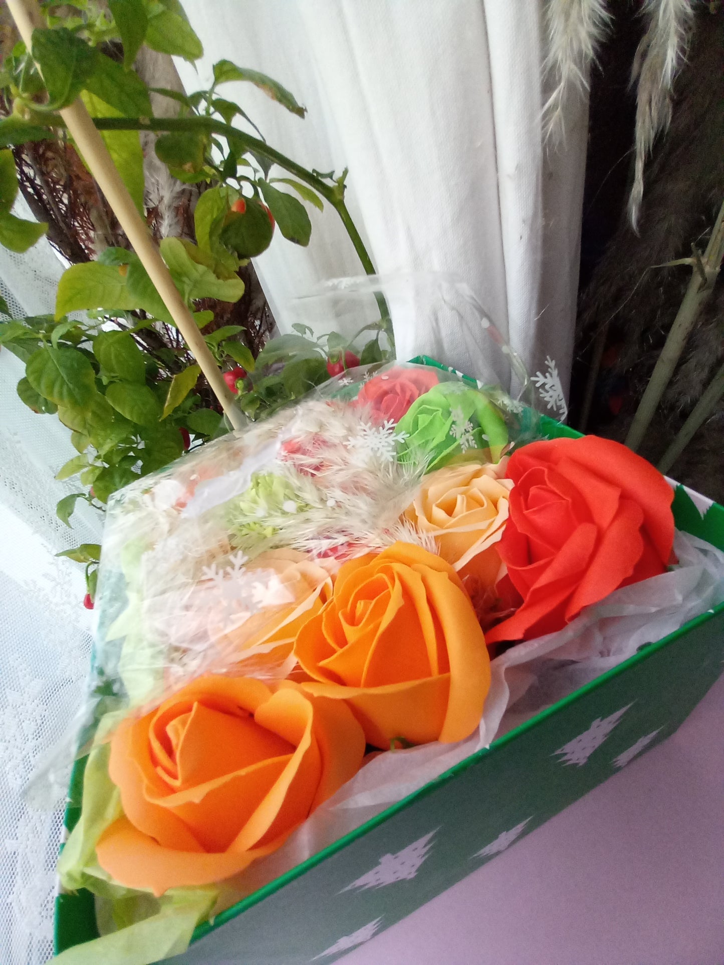 PEACH ON GREEN ORANGE FLOWER SOAP IN GREEN DISPLAY BOX