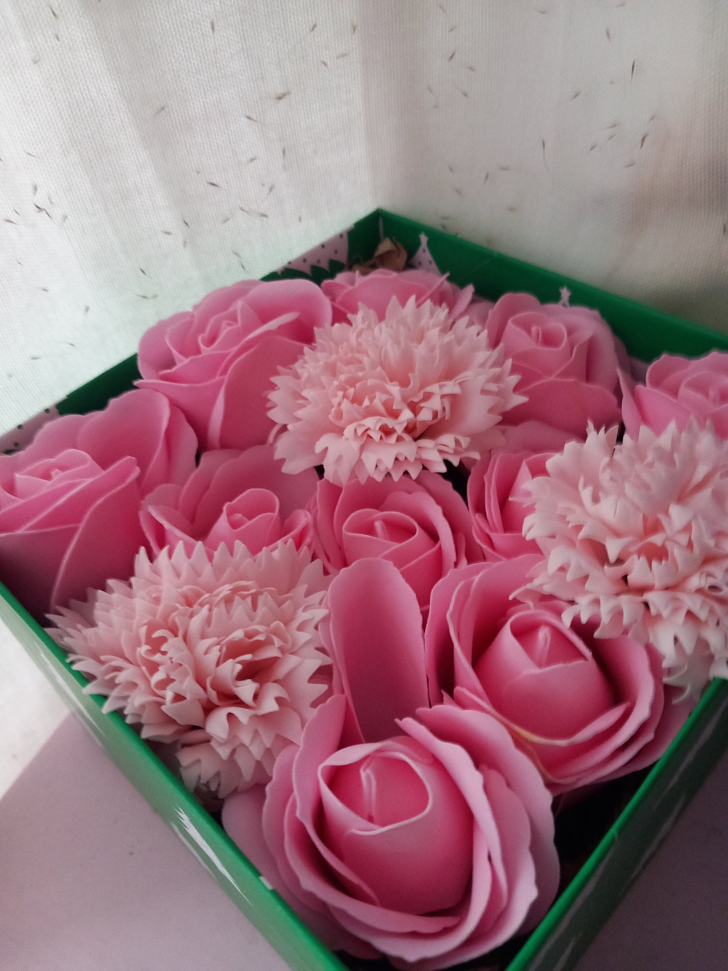PINK AND MORE PINK FLOWER SOAP IN GREEN DISPLAY BOX