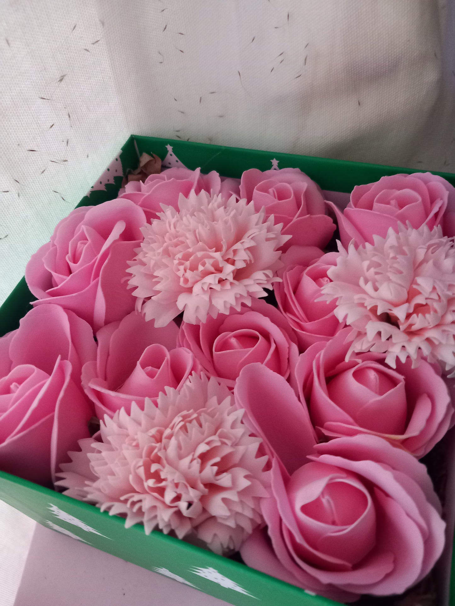 PINK AND MORE PINK FLOWER SOAP IN GREEN DISPLAY BOX