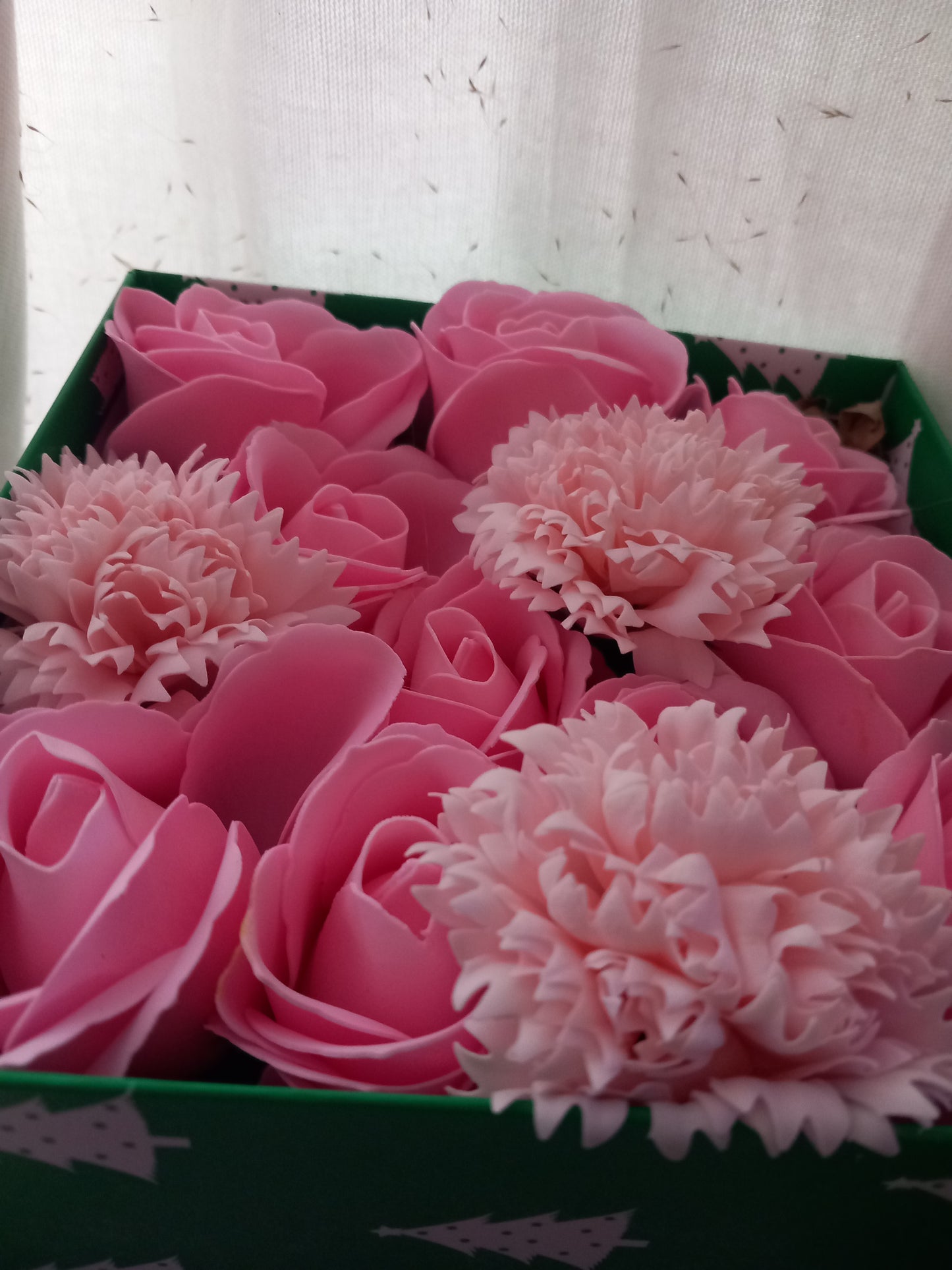 PINK AND MORE PINK FLOWER SOAP IN GREEN DISPLAY BOX