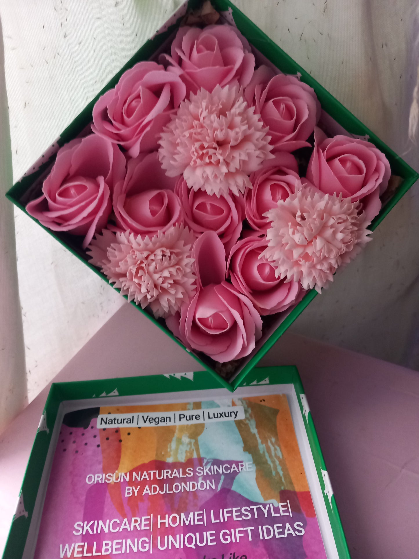 PINK AND MORE PINK FLOWER SOAP IN GREEN DISPLAY BOX