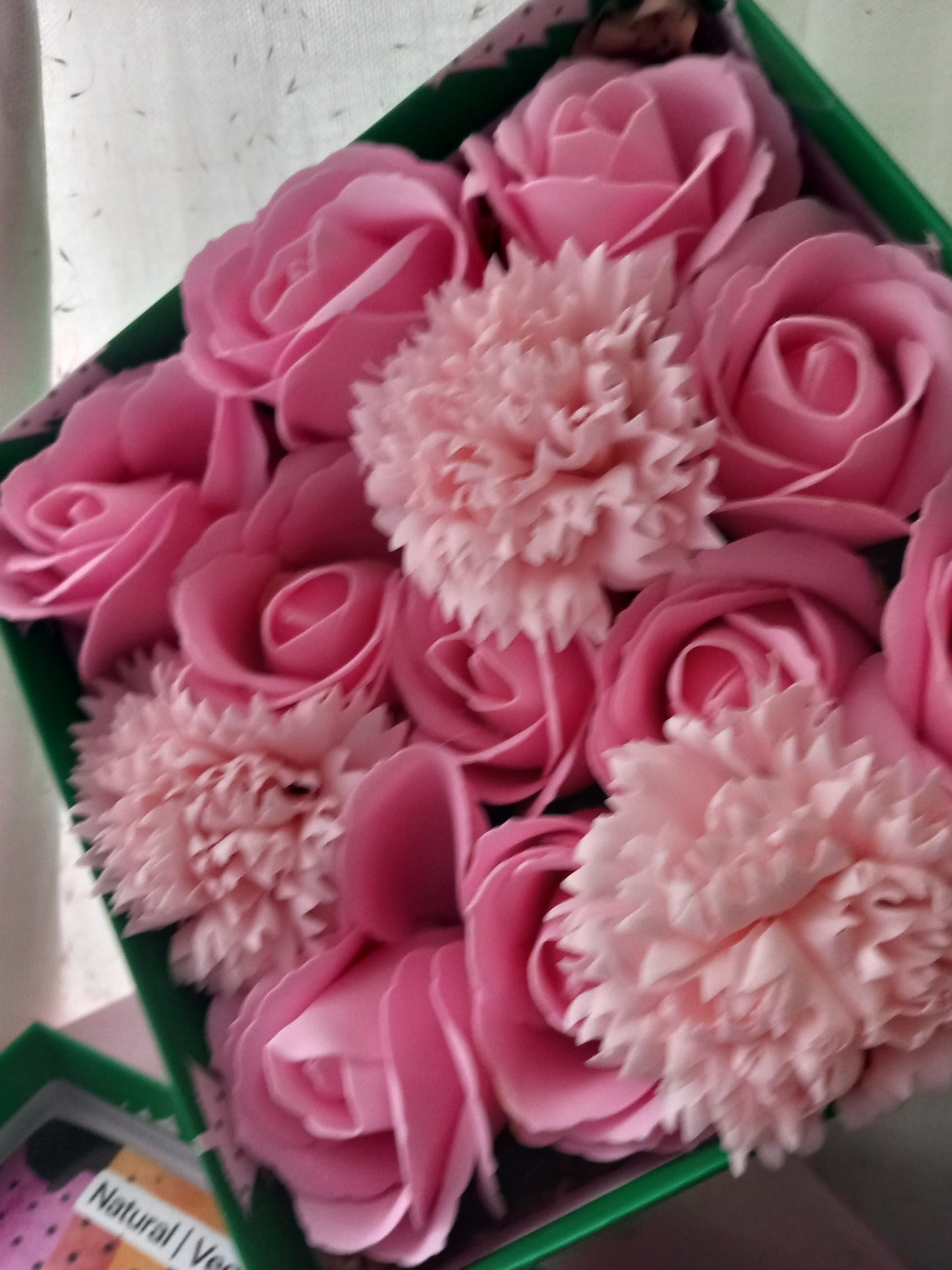 PINK AND MORE PINK FLOWER SOAP IN GREEN DISPLAY BOX
