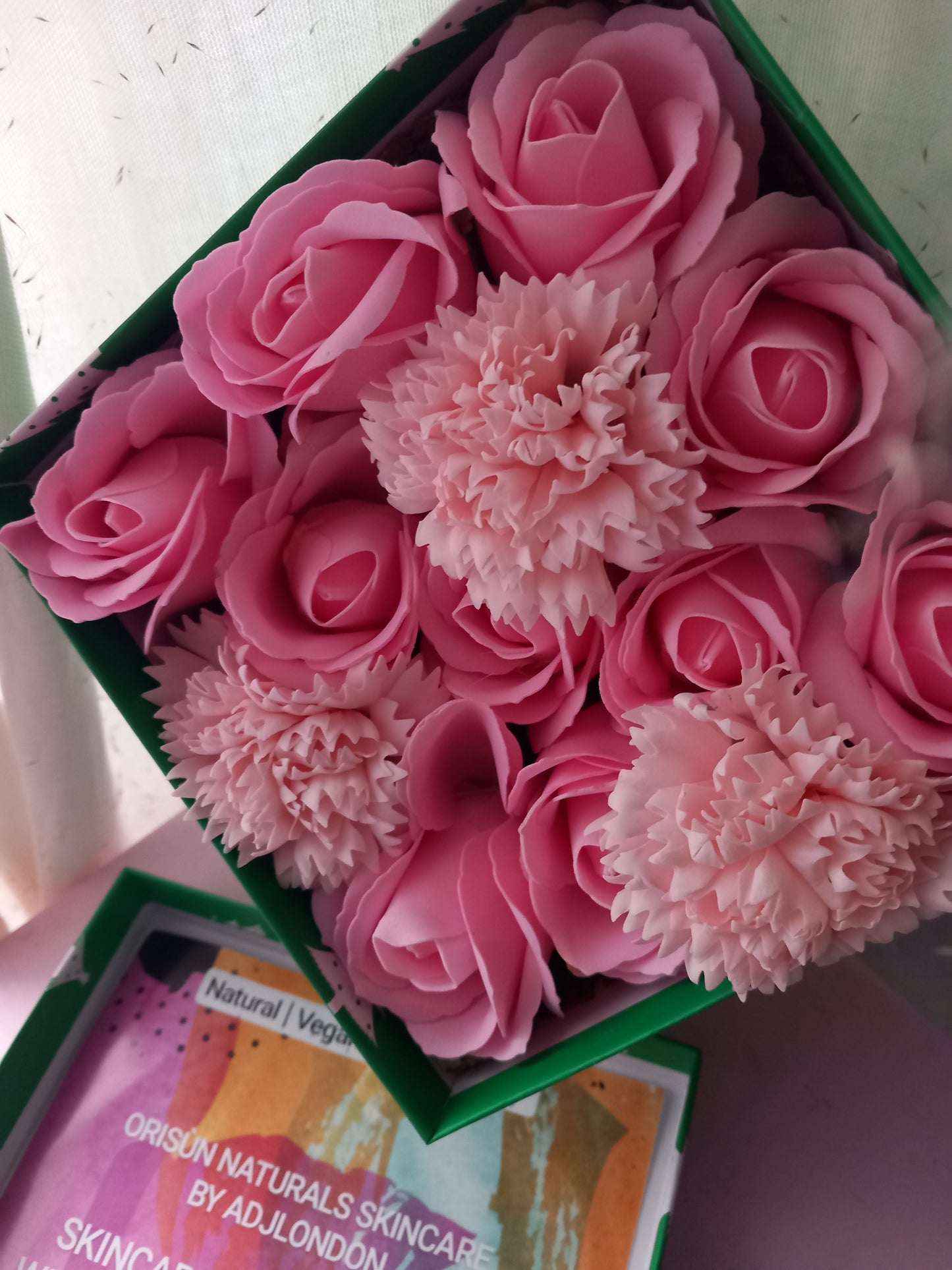 PINK AND MORE PINK FLOWER SOAP IN GREEN DISPLAY BOX