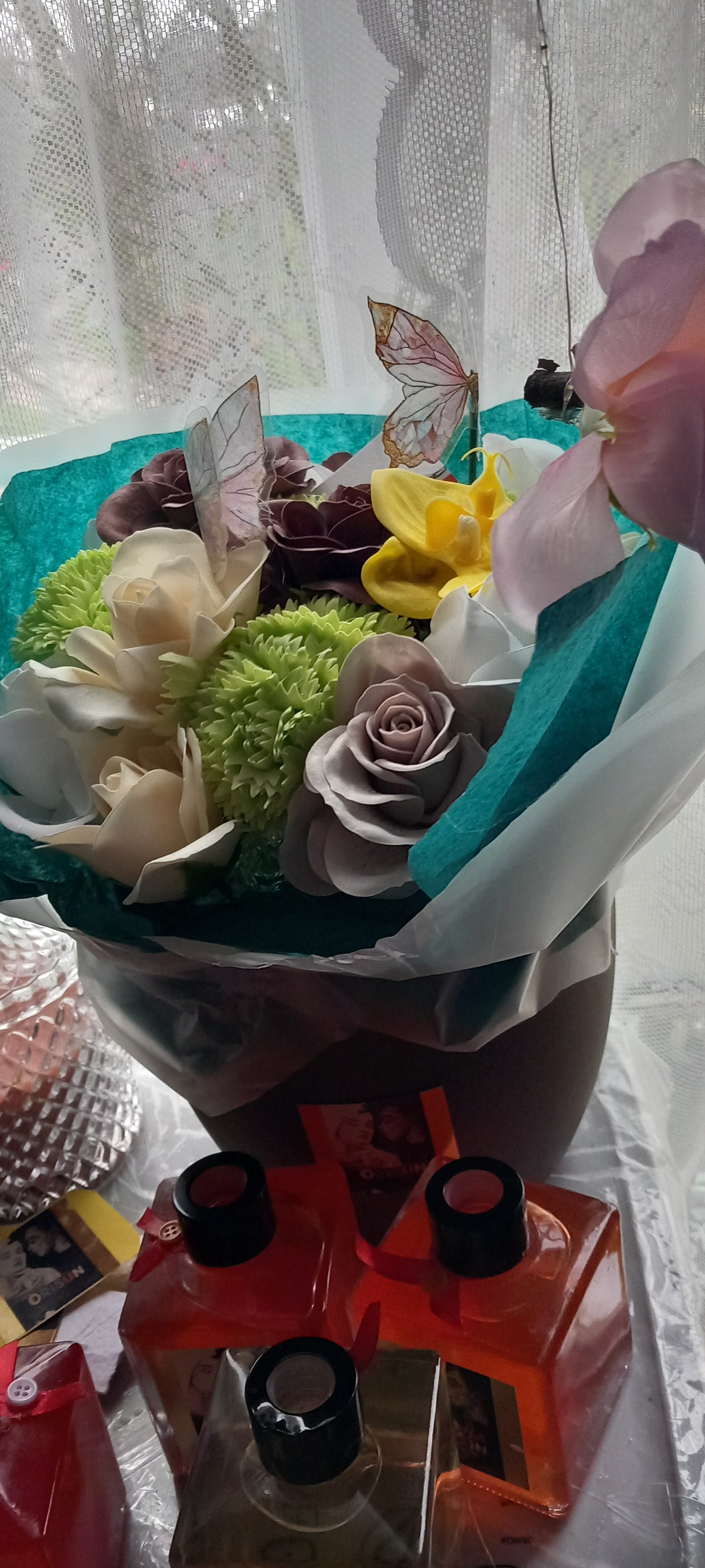 A TOUCH OF CHOCOLATE CERAMIC CLAY POT FLOWER SOAP BOUQUET ARRANGEMENT