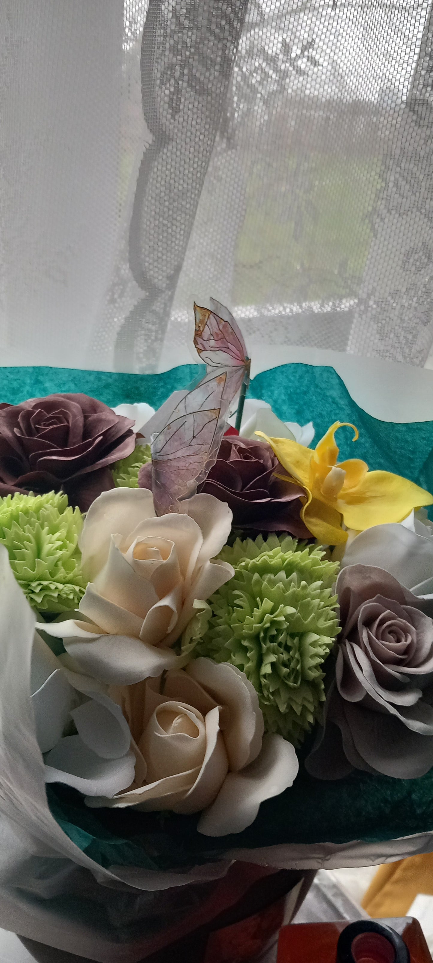 A TOUCH OF CHOCOLATE CERAMIC CLAY POT FLOWER SOAP BOUQUET ARRANGEMENT