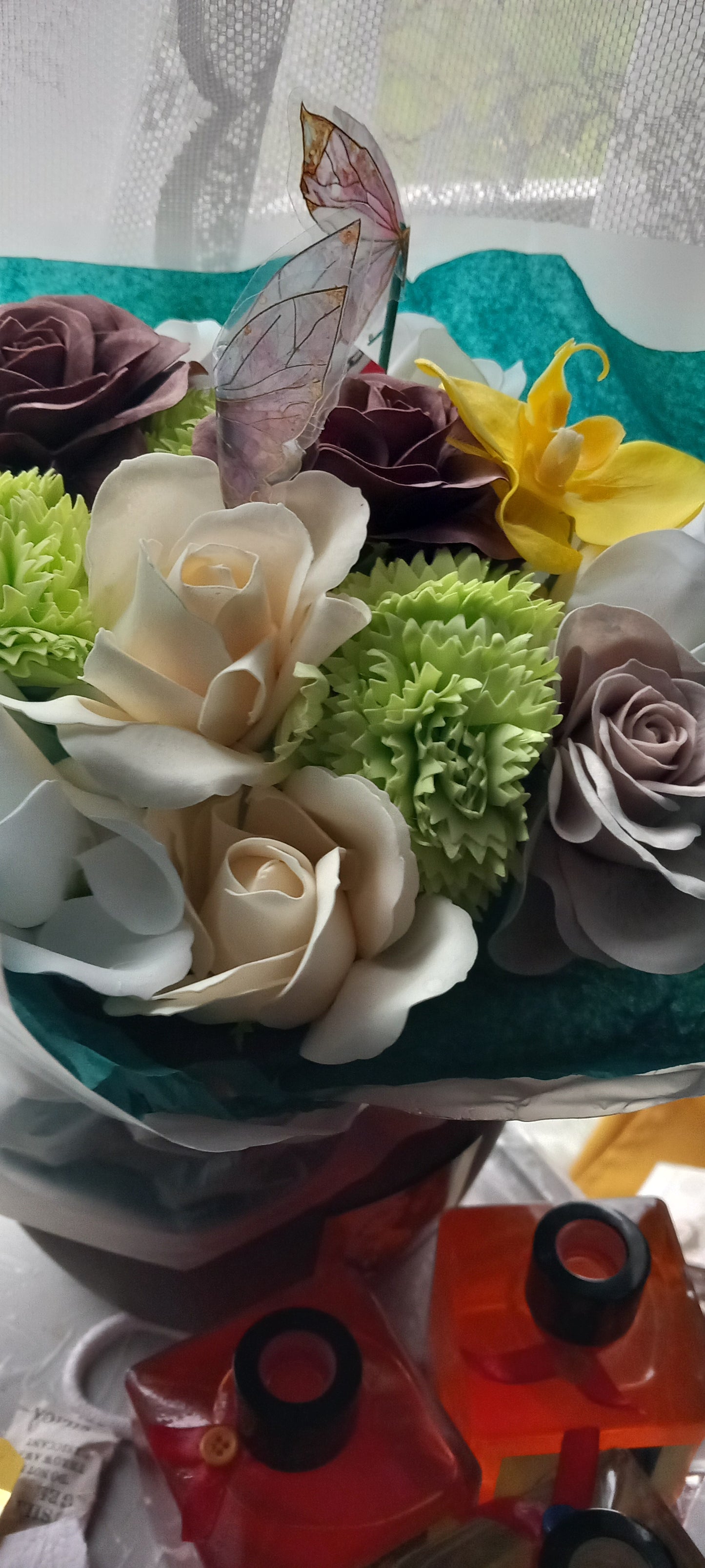 A TOUCH OF CHOCOLATE CERAMIC CLAY POT FLOWER SOAP BOUQUET ARRANGEMENT
