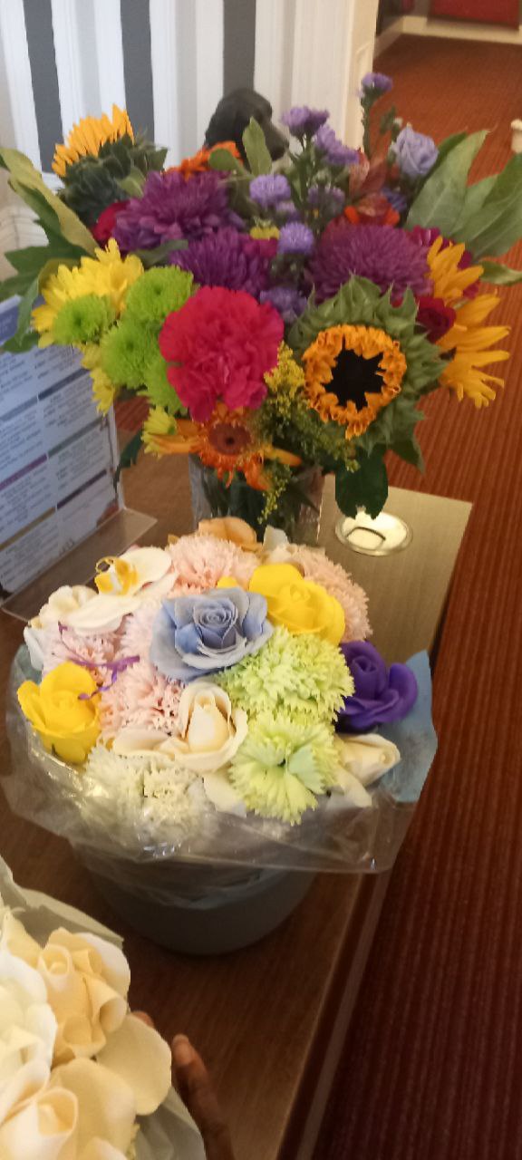 MIXED SUNFLOWER CERAMIC CLAY POT FLOWER SOAP BOUQUET ARRANGEMENT