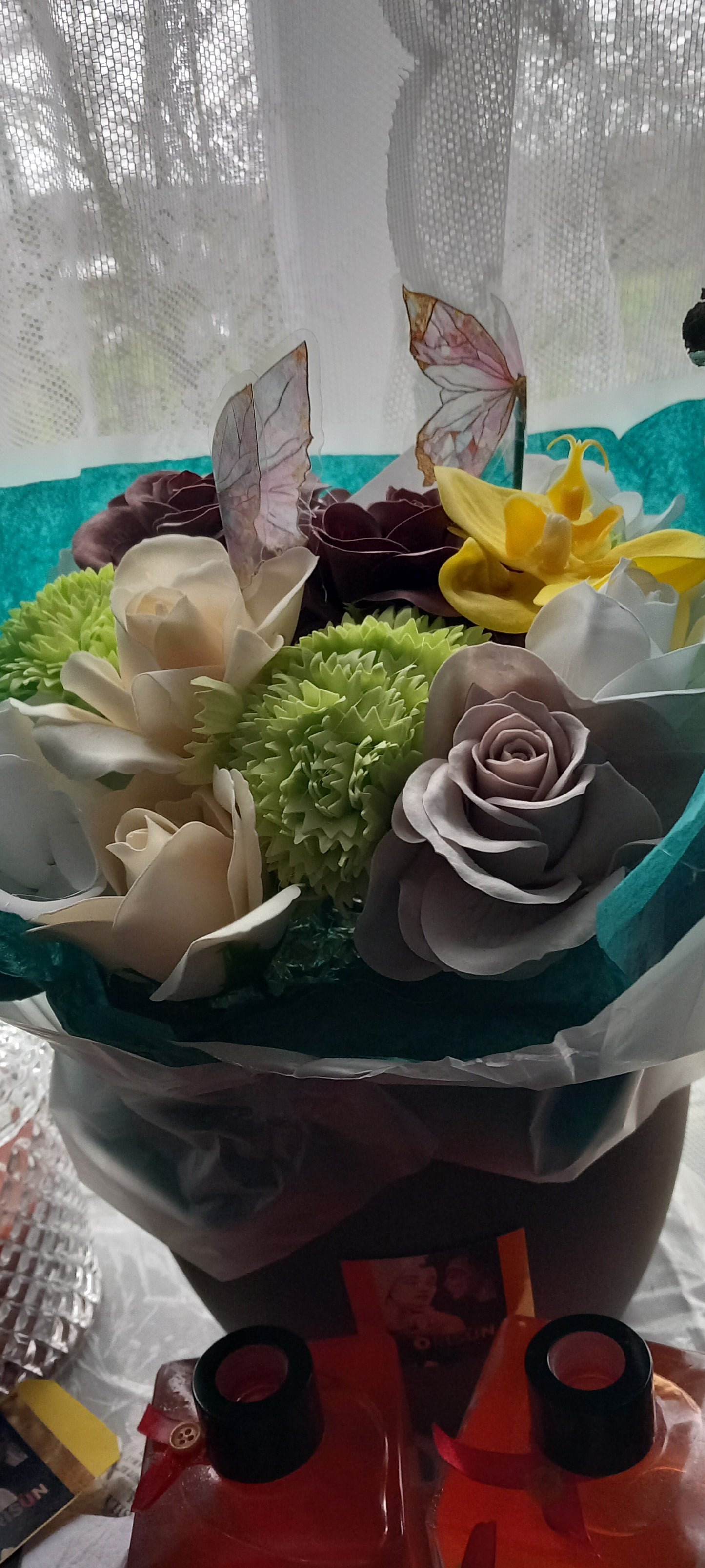A TOUCH OF CHOCOLATE CERAMIC CLAY POT FLOWER SOAP BOUQUET ARRANGEMENT