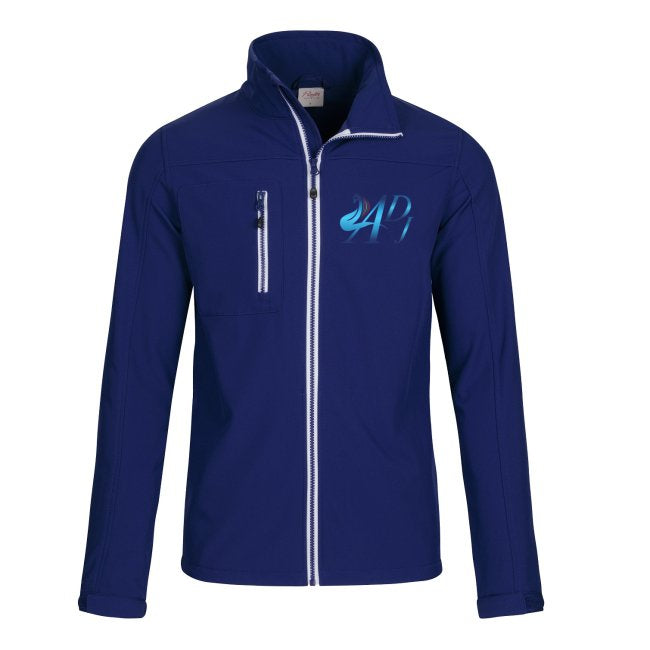 MEN’S SOFTSHELL JACKET WITH BLUE MOTIF ON WHITE BACKGROUND