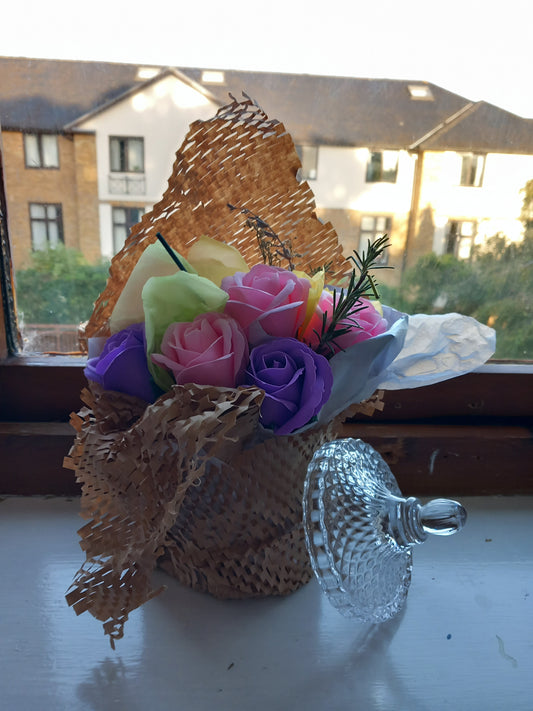 SOAP ROSE HEADS IN GLASSWARE