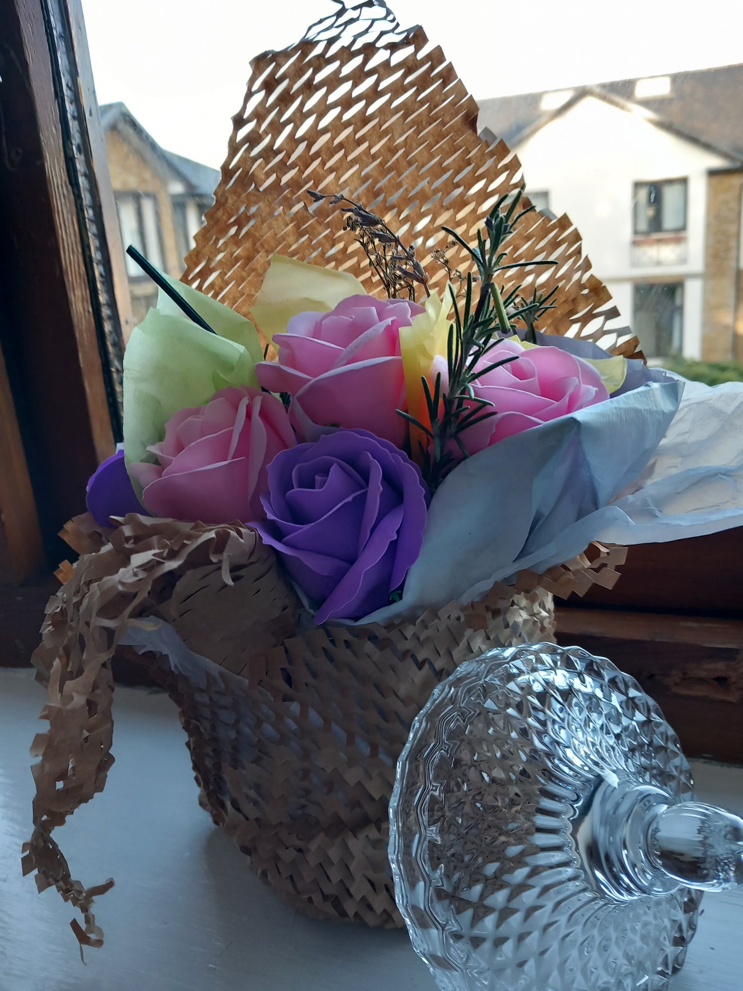 SOAP ROSE HEADS IN GLASSWARE