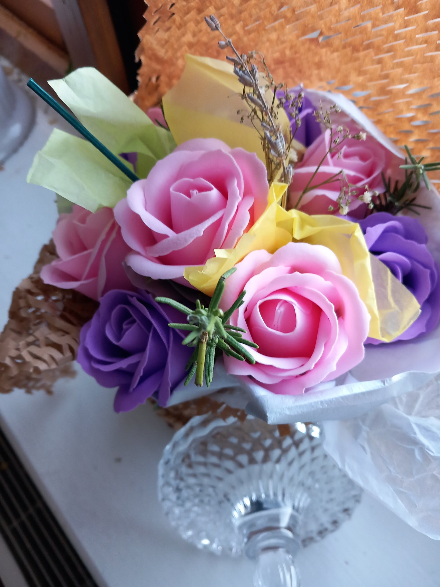 SOAP ROSE HEADS IN GLASSWARE