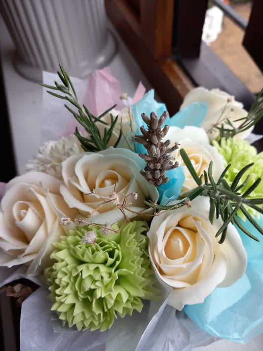 CREAM GREEN FLOWER SOAP IN GLASSWARE