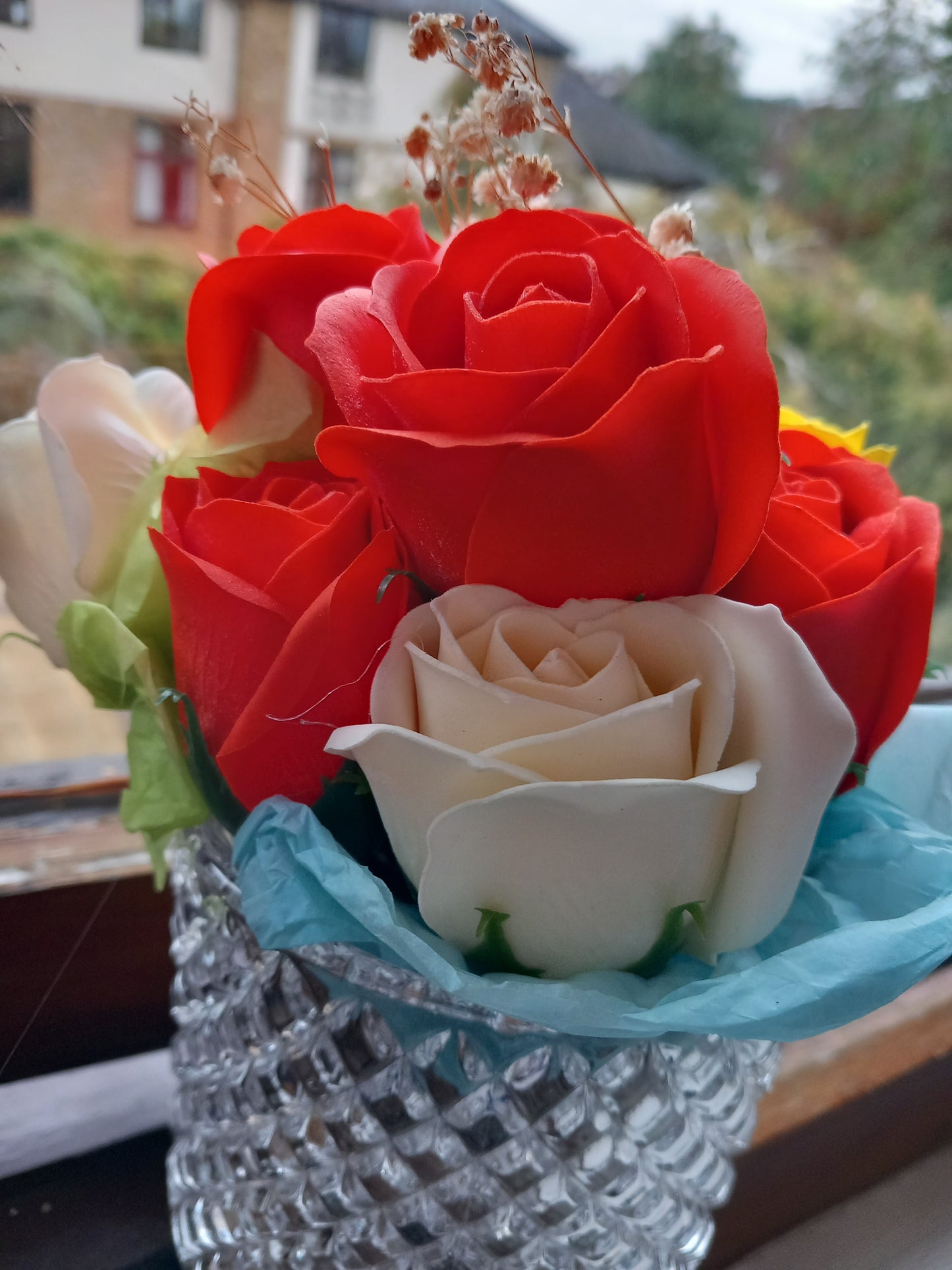 FLOWER SOAP SUNSET ORANGE  YELLOW ROSE BLUE CARNATION MIX IN GLASSWARE