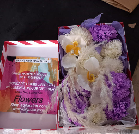 WHITE ORCHIDS WITH PURPLE/WHITE CARNATIONS FLOWER SOAP GIFTBOX