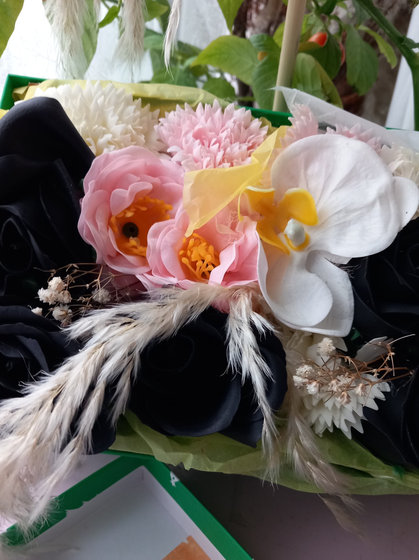 PINK BLACK FLOWER SOAP IN GREEN DISPLAY BOX