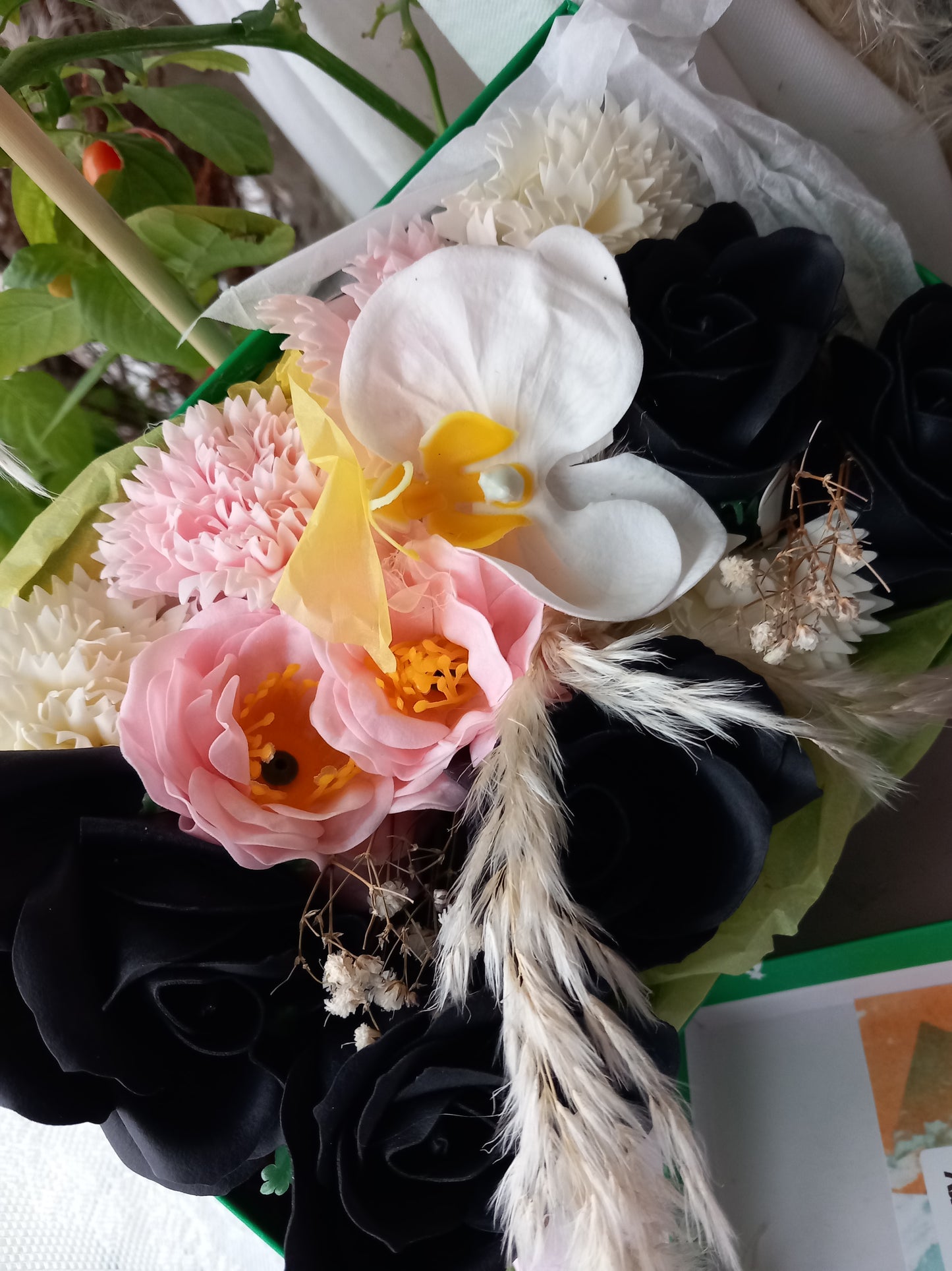 PINK BLACK FLOWER SOAP IN GREEN DISPLAY BOX