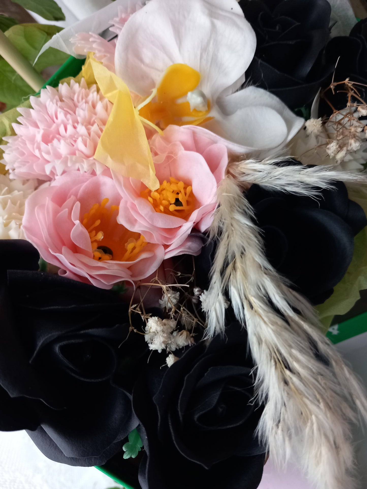 PINK BLACK FLOWER SOAP IN GREEN DISPLAY BOX