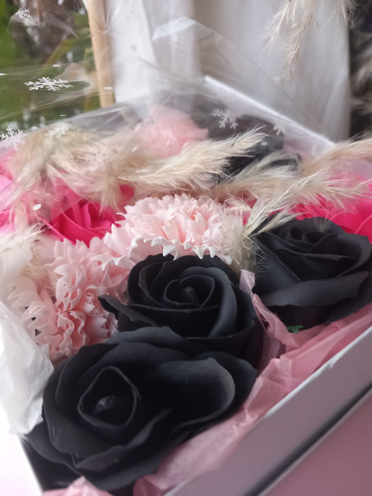 BLACK PINK SHADE MIX FLOWER SOAP IN WHITE DISPLAY BOX