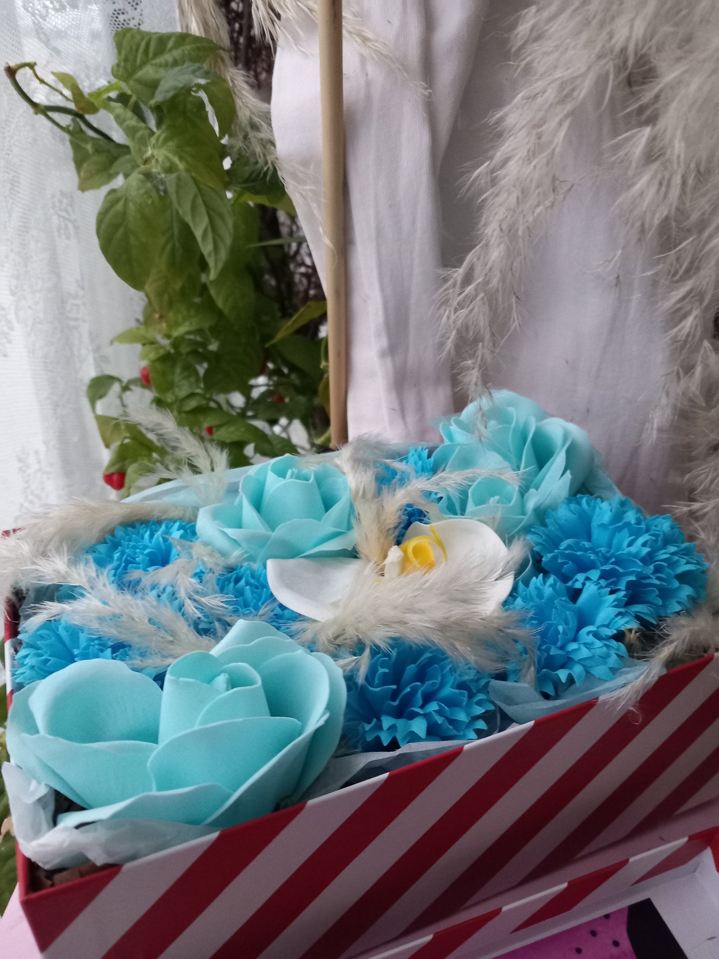 JUST BLUE ORCHID FLOWER SOAP IN CANDY CANE DISPLAY BOX