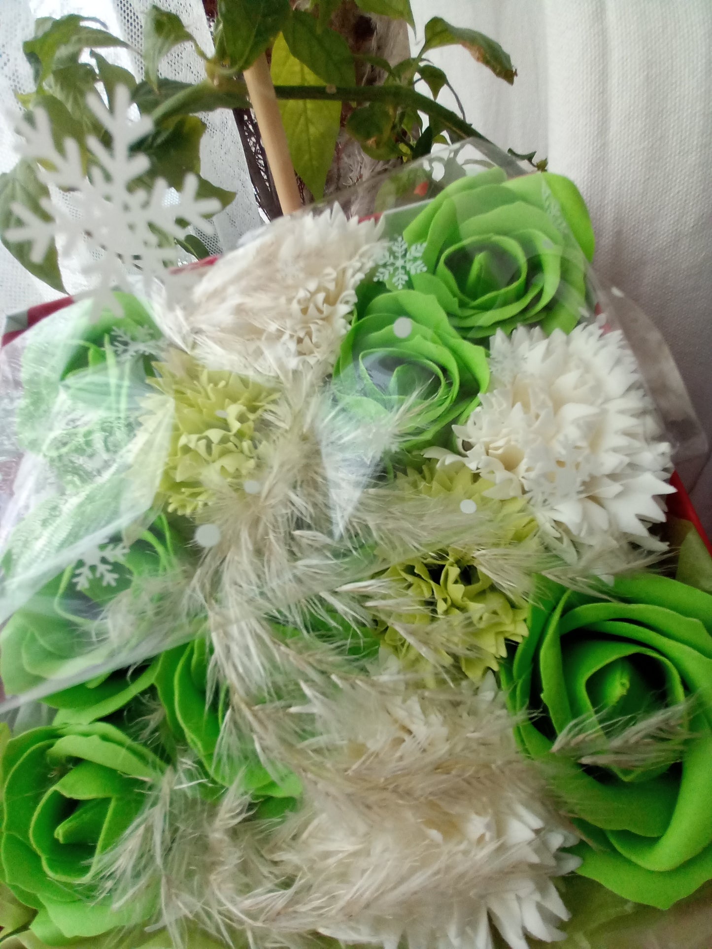 GREEN ON GREEN AND WHITE FLOWER SOAP IN CANDY CANE DISPLAY BOX